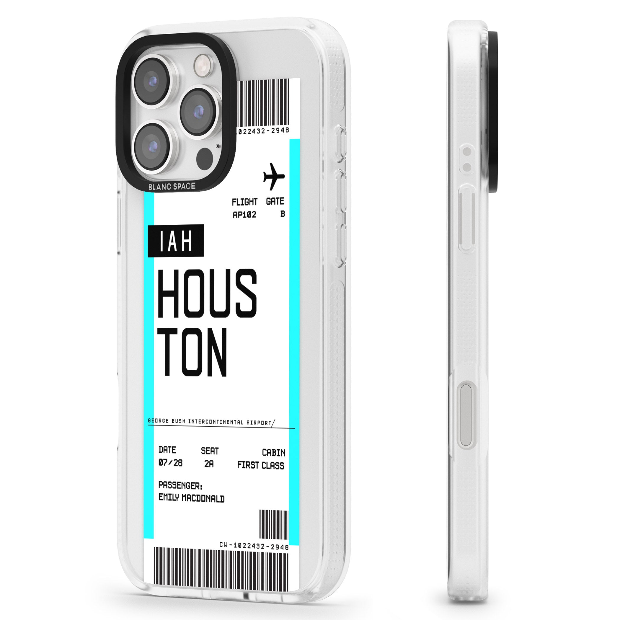 Personalised Houston Boarding Pass iPhone 16 Pro Max / 16 Pro Clear Case Impact Air - Blanc Space