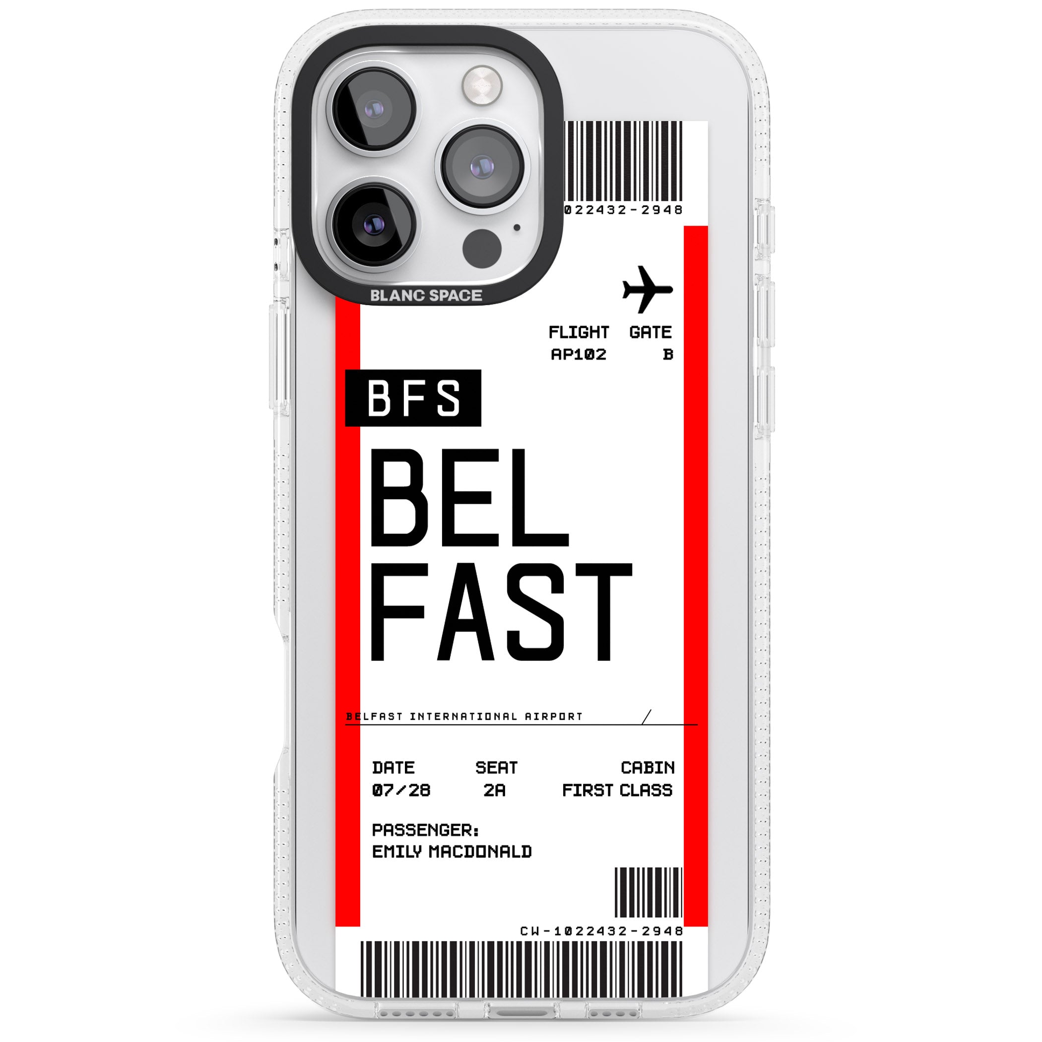 Personalised Belfast Boarding Pass iPhone 16 Pro Max / 16 Pro Clear Case Impact Air - Blanc Space