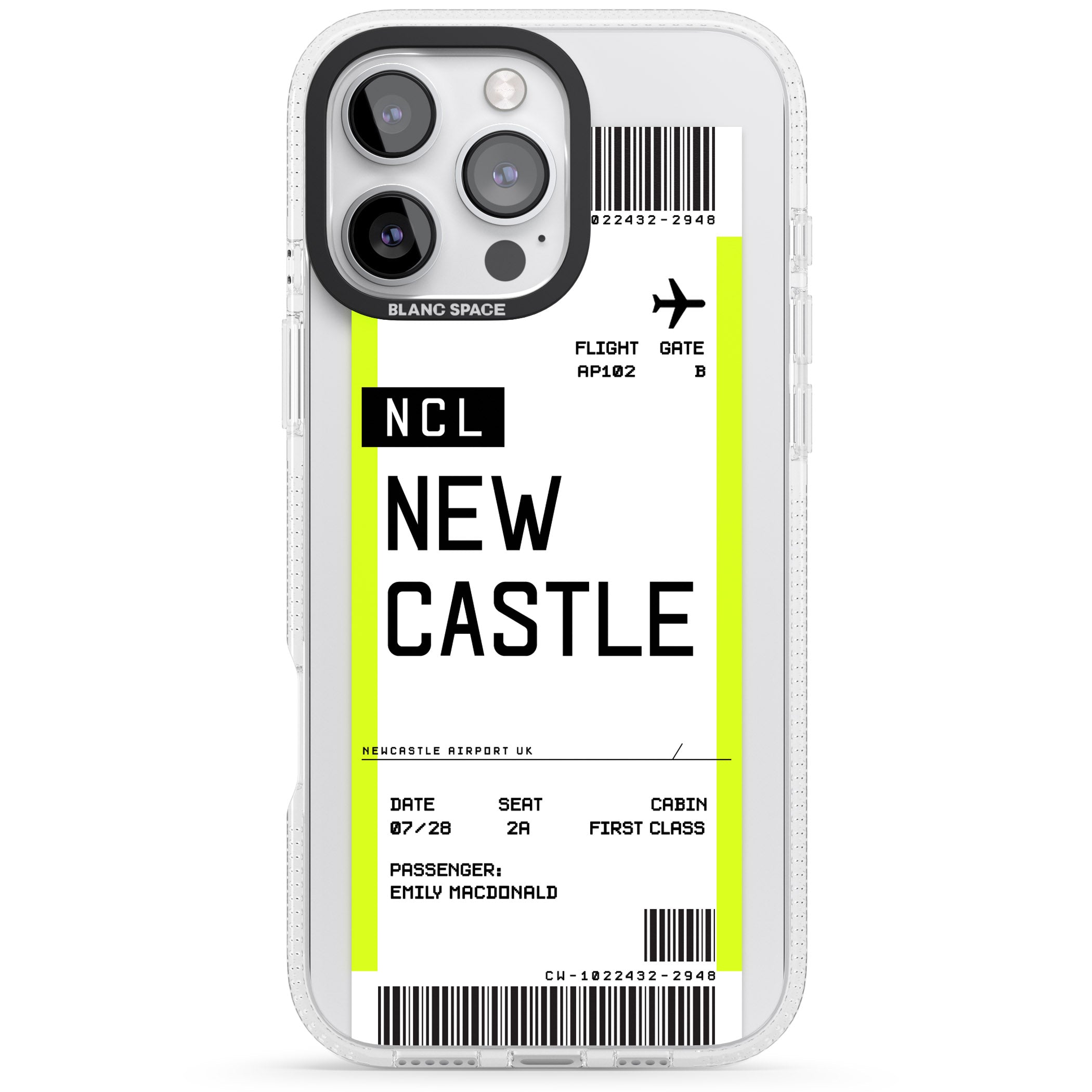 Personalised Newcastle Boarding Pass iPhone 16 Pro Max / 16 Pro Clear Case Impact Air - Blanc Space