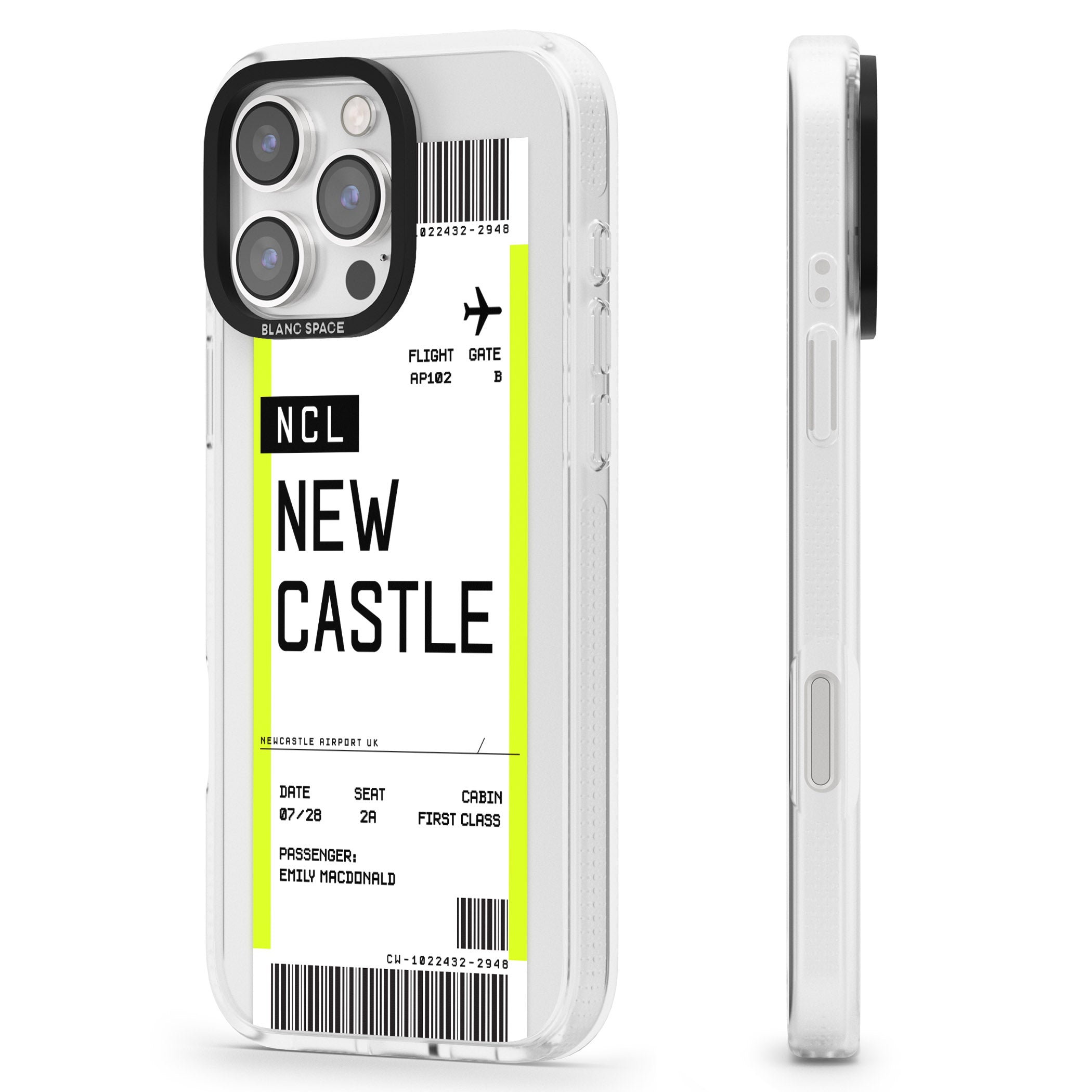 Personalised Newcastle Boarding Pass iPhone 16 Pro Max / 16 Pro Clear Case Impact Air - Blanc Space