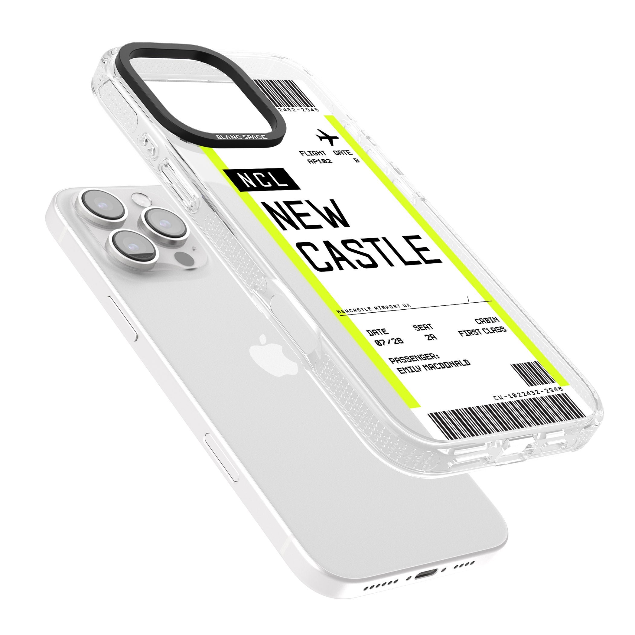 Personalised Newcastle Boarding Pass iPhone 16 Pro Max / 16 Pro Clear Case Impact Air - Blanc Space
