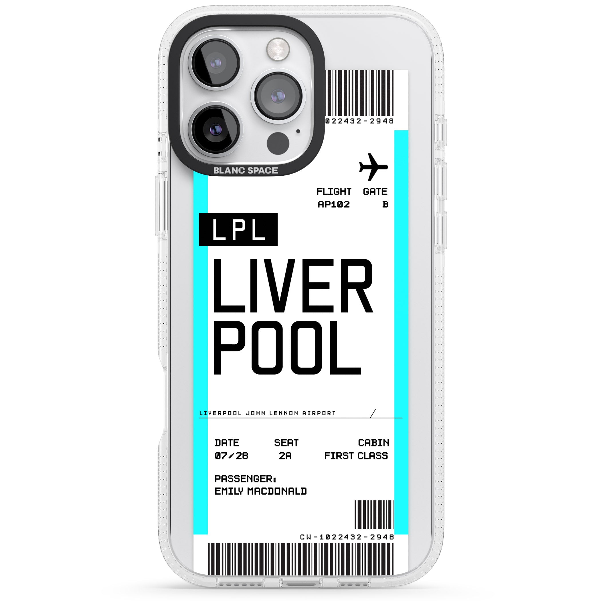 Personalised Liverpool Boarding Pass iPhone 16 Pro Max / 16 Pro Clear Case Impact Air - Blanc Space