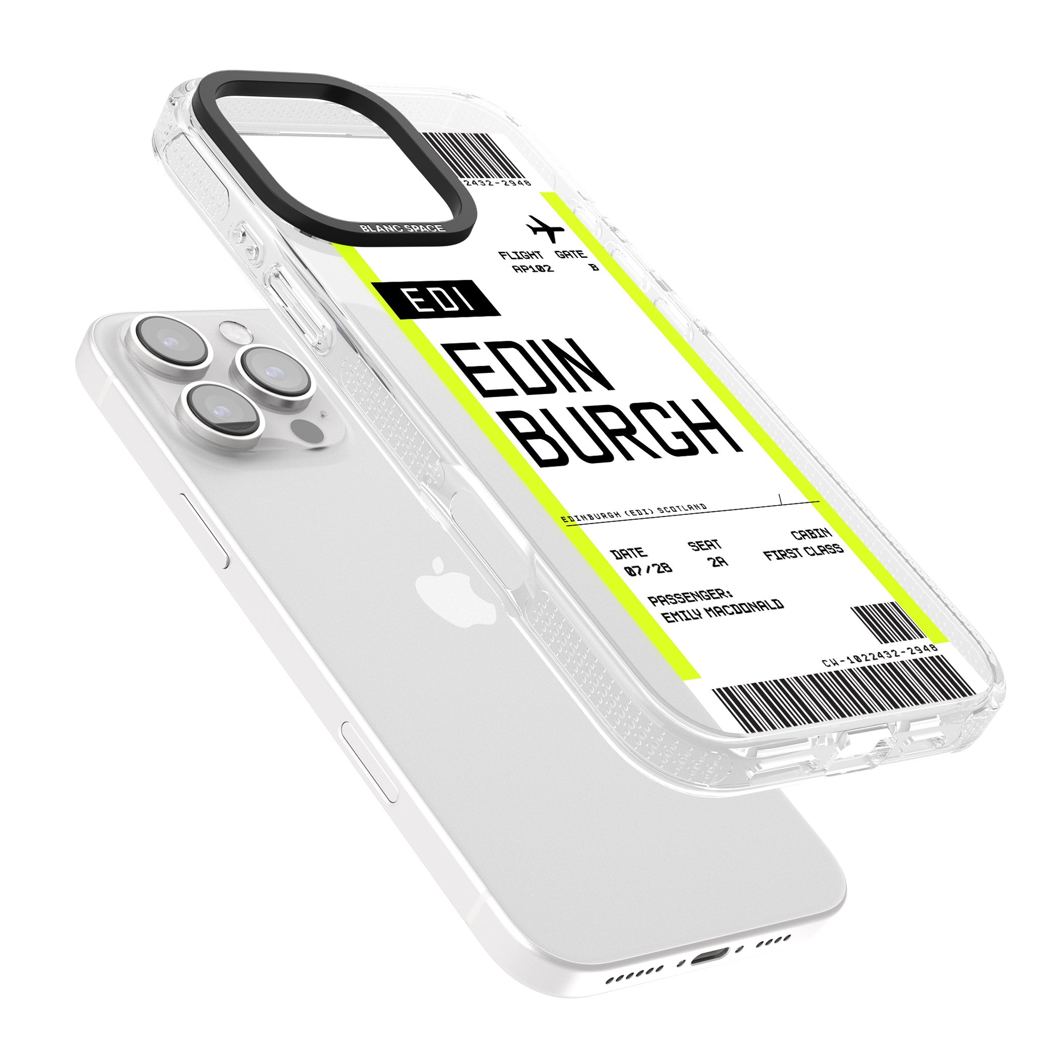 Personalised Edinburgh Boarding Pass iPhone 16 Pro Max / 16 Pro Clear Case Impact Air - Blanc Space