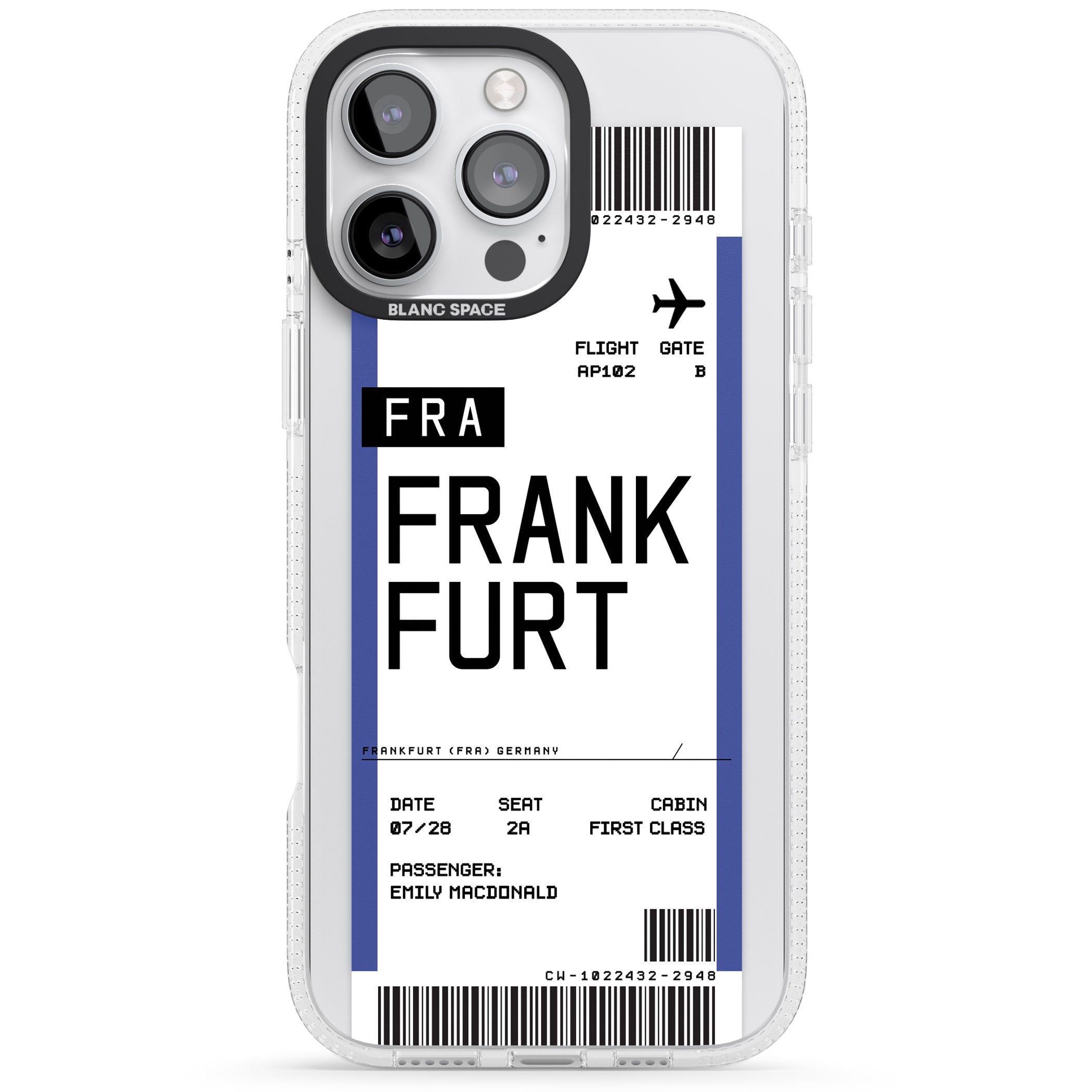 Personalised Frankfurt Boarding Pass iPhone 16 Pro Max / 16 Pro Clear Case Impact Air - Blanc Space