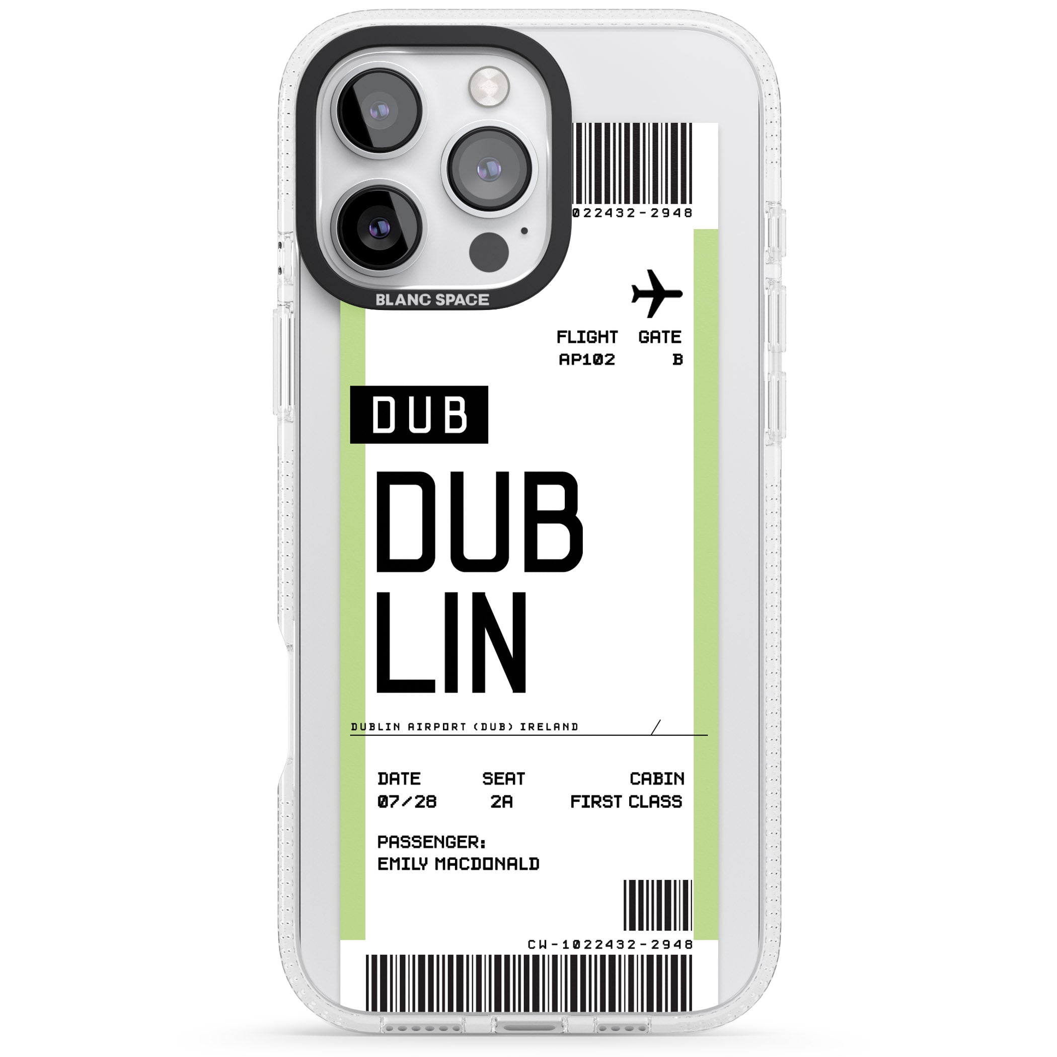 Personalised Dublin Boarding Pass iPhone 16 Pro Max / 16 Pro Clear Case Impact Air - Blanc Space