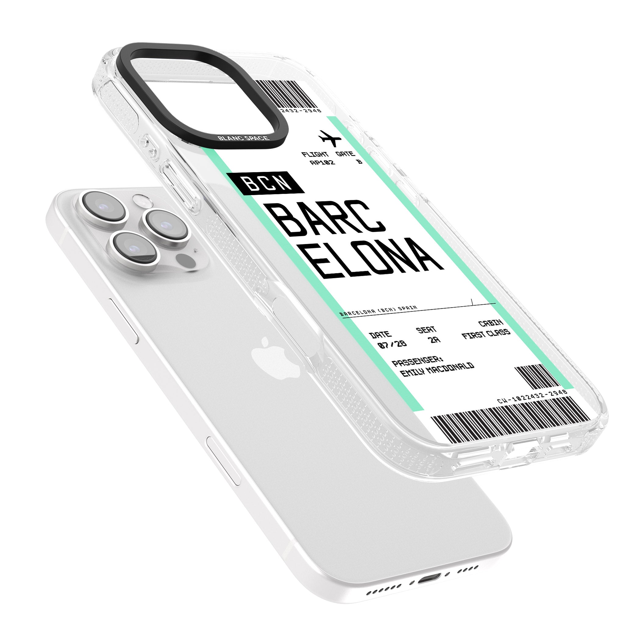 Personalised Barcelona Boarding Pass iPhone 16 Pro Max / 16 Pro Clear Case Impact Air - Blanc Space