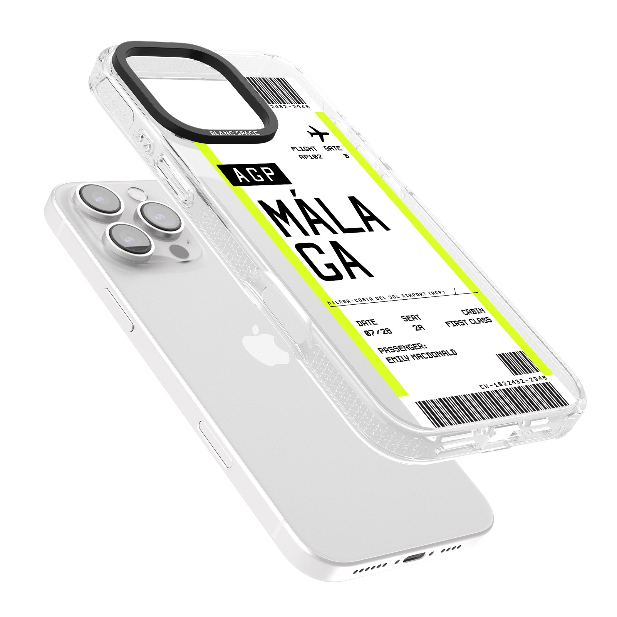 Personalised Málaga Boarding Pass iPhone 16 Pro Max / 16 Pro Clear Case Impact Air - Blanc Space