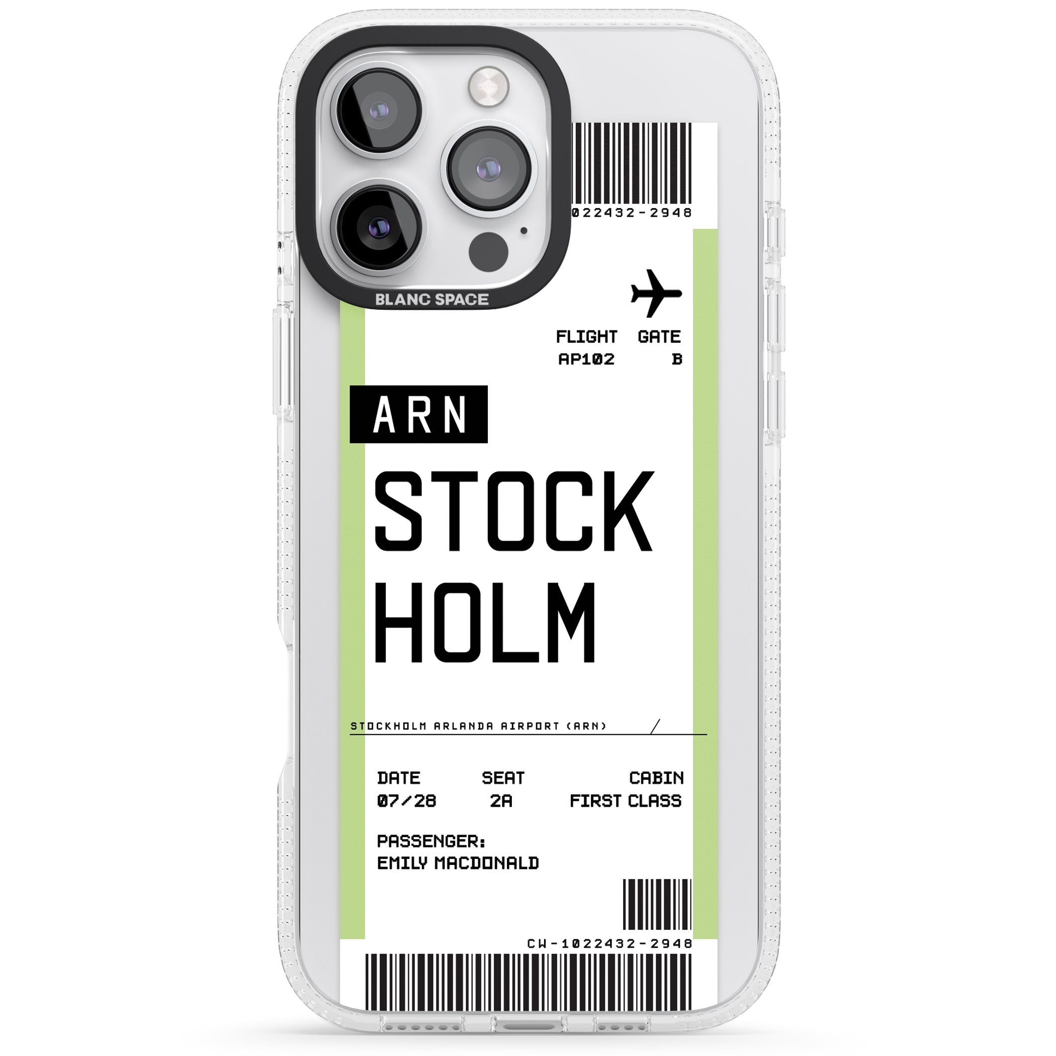 Personalised Stockholm Boarding Pass iPhone 16 Pro Max / 16 Pro Clear Case Impact Air - Blanc Space