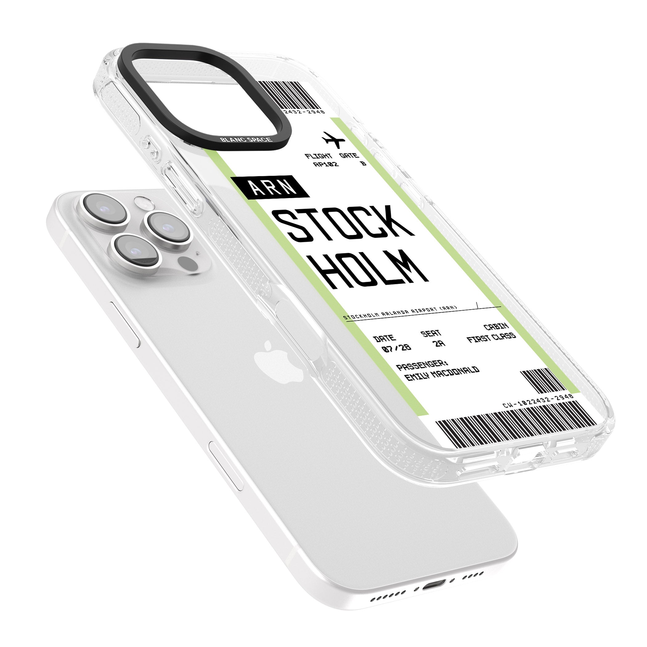 Personalised Stockholm Boarding Pass iPhone 16 Pro Max / 16 Pro Clear Case Impact Air - Blanc Space