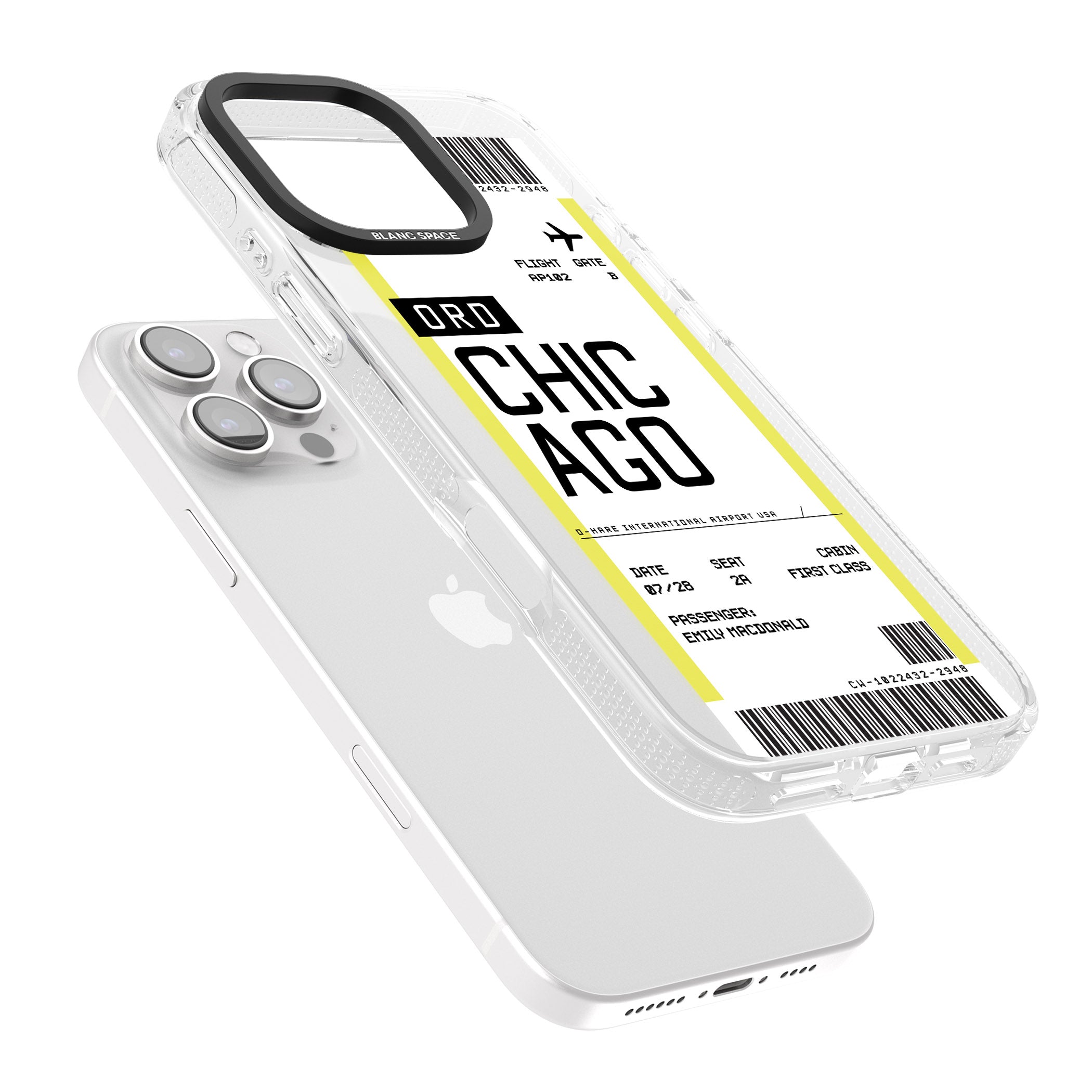 Personalised Chicago Boarding Pass iPhone 16 Pro Max / 16 Pro Clear Case Impact Air - Blanc Space