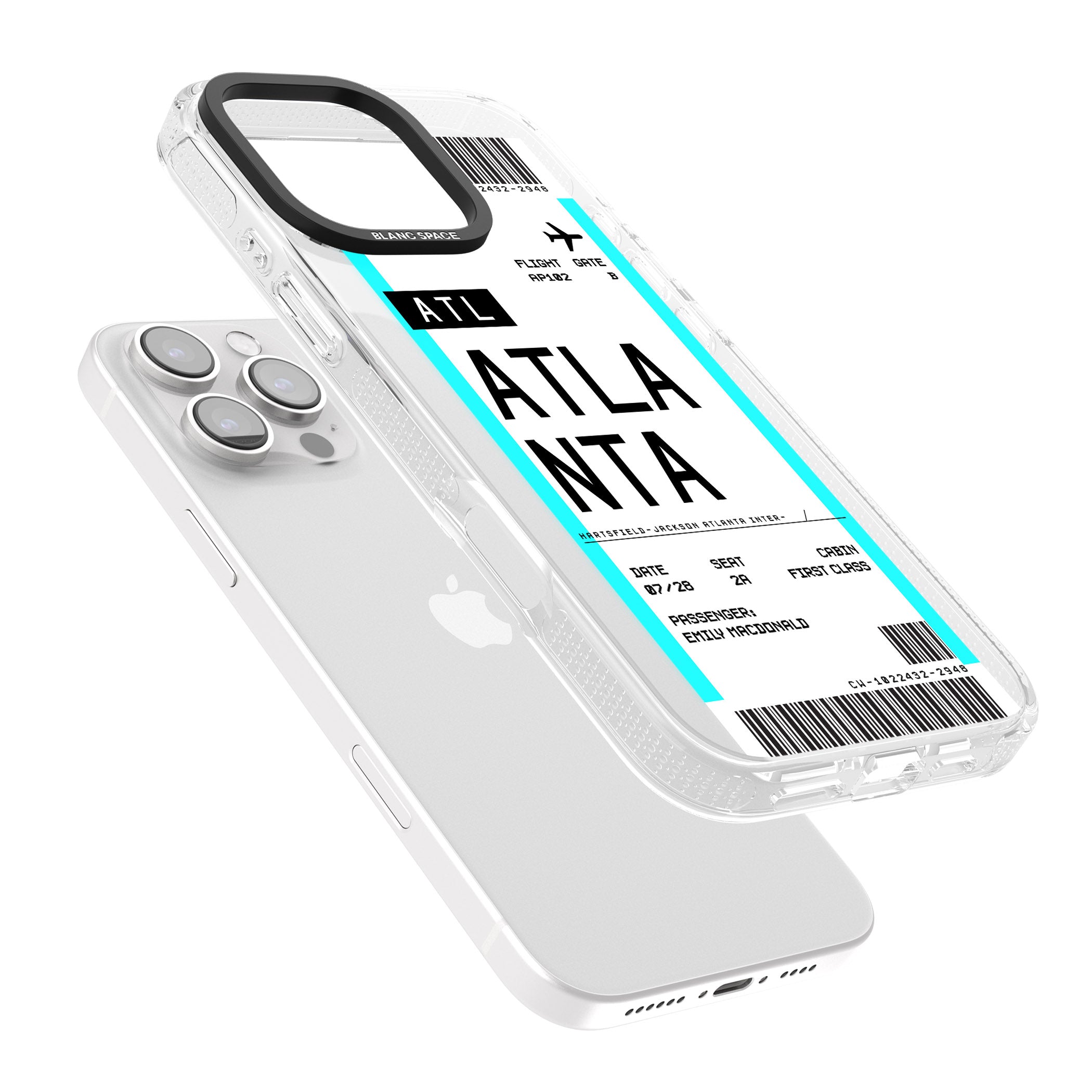Personalised Atlanta Boarding Pass iPhone 16 Pro Max / 16 Pro Clear Case Impact Air - Blanc Space