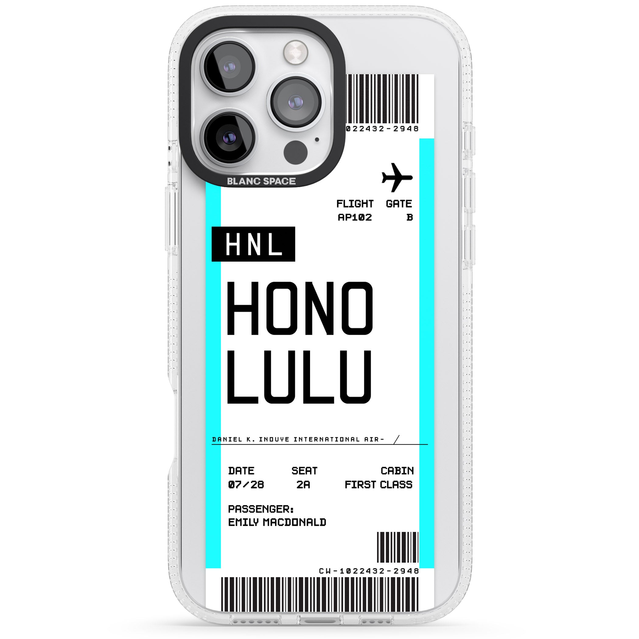 Personalised Honolulu Boarding Pass iPhone 16 Pro Max / 16 Pro Clear Case Impact Air - Blanc Space