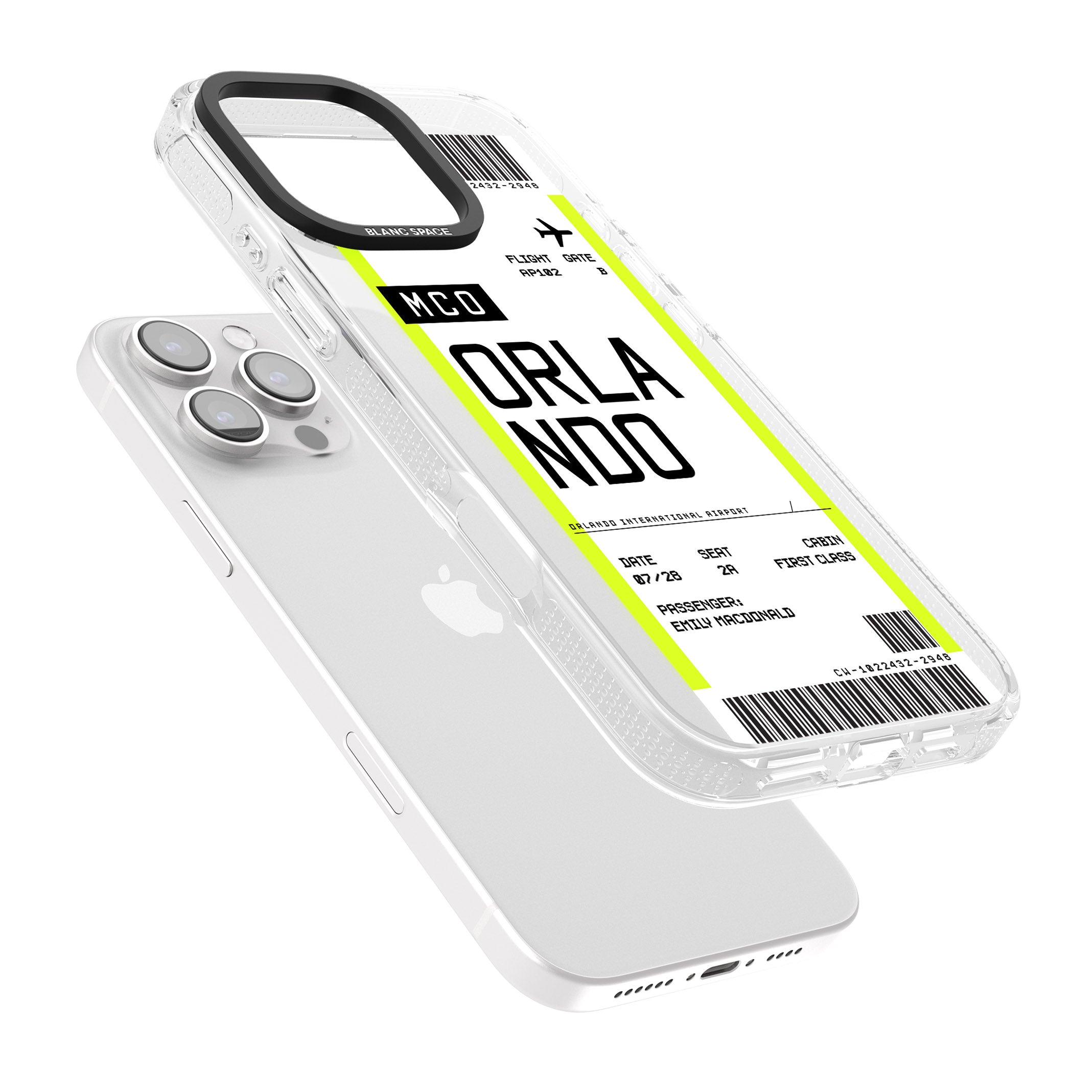 Personalised Orlando Boarding Pass iPhone 16 Pro Max / 16 Pro Clear Case Impact Air - Blanc Space