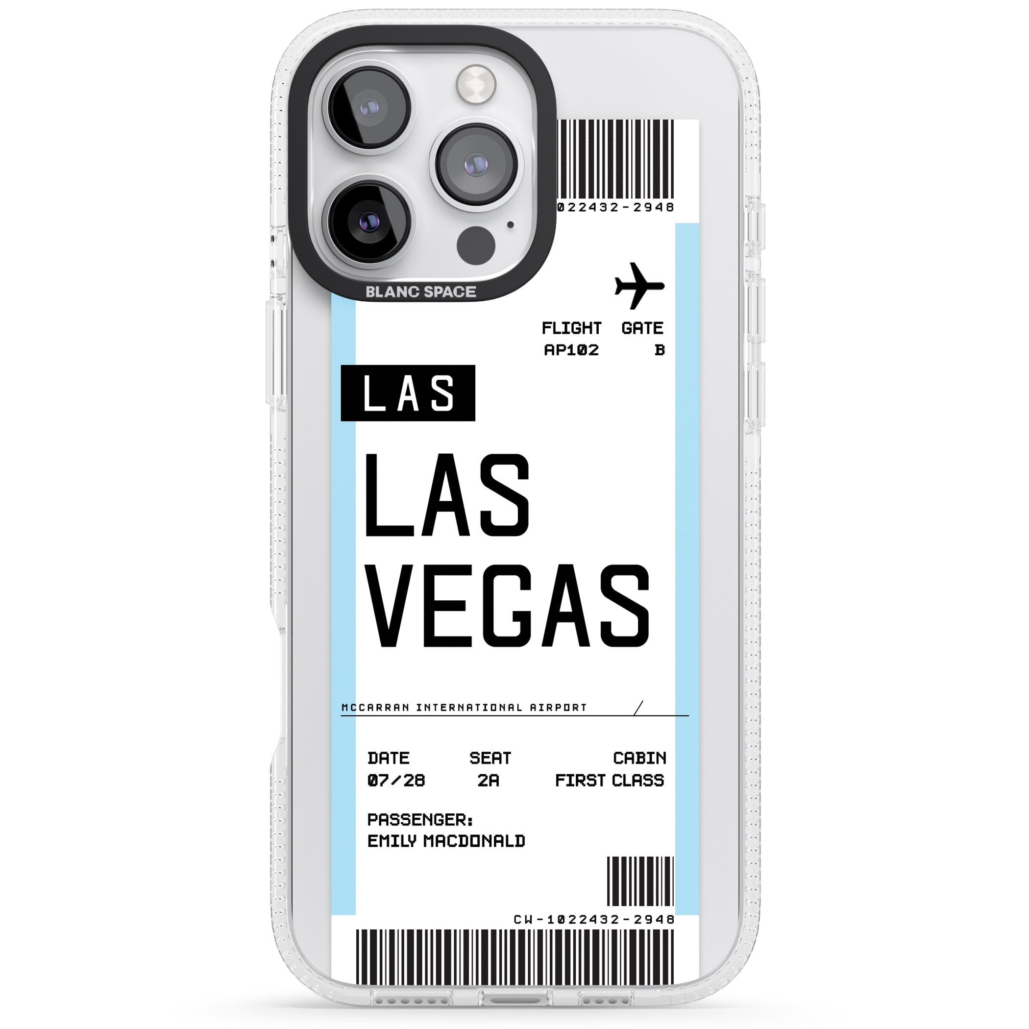 Personalised Las Vegas Boarding Pass iPhone 16 Pro Max / 16 Pro Clear Case Impact Air - Blanc Space