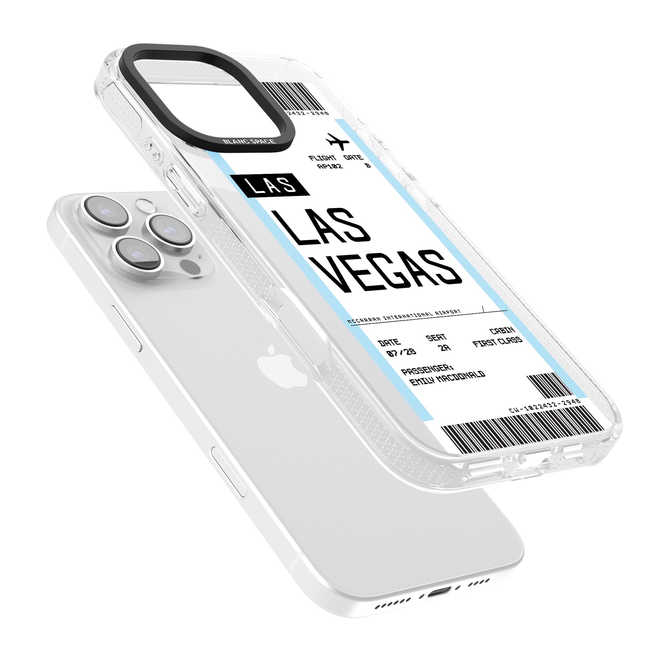 Personalised Las Vegas Boarding Pass iPhone 16 Pro Max / 16 Pro Clear Case Impact Air - Blanc Space