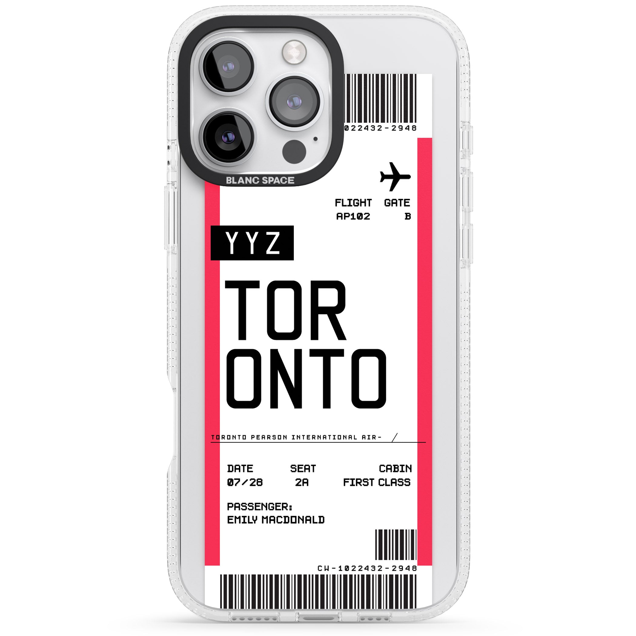 Personalised Toronto Boarding Pass iPhone 16 Pro Max / 16 Pro Clear Case Impact Air - Blanc Space