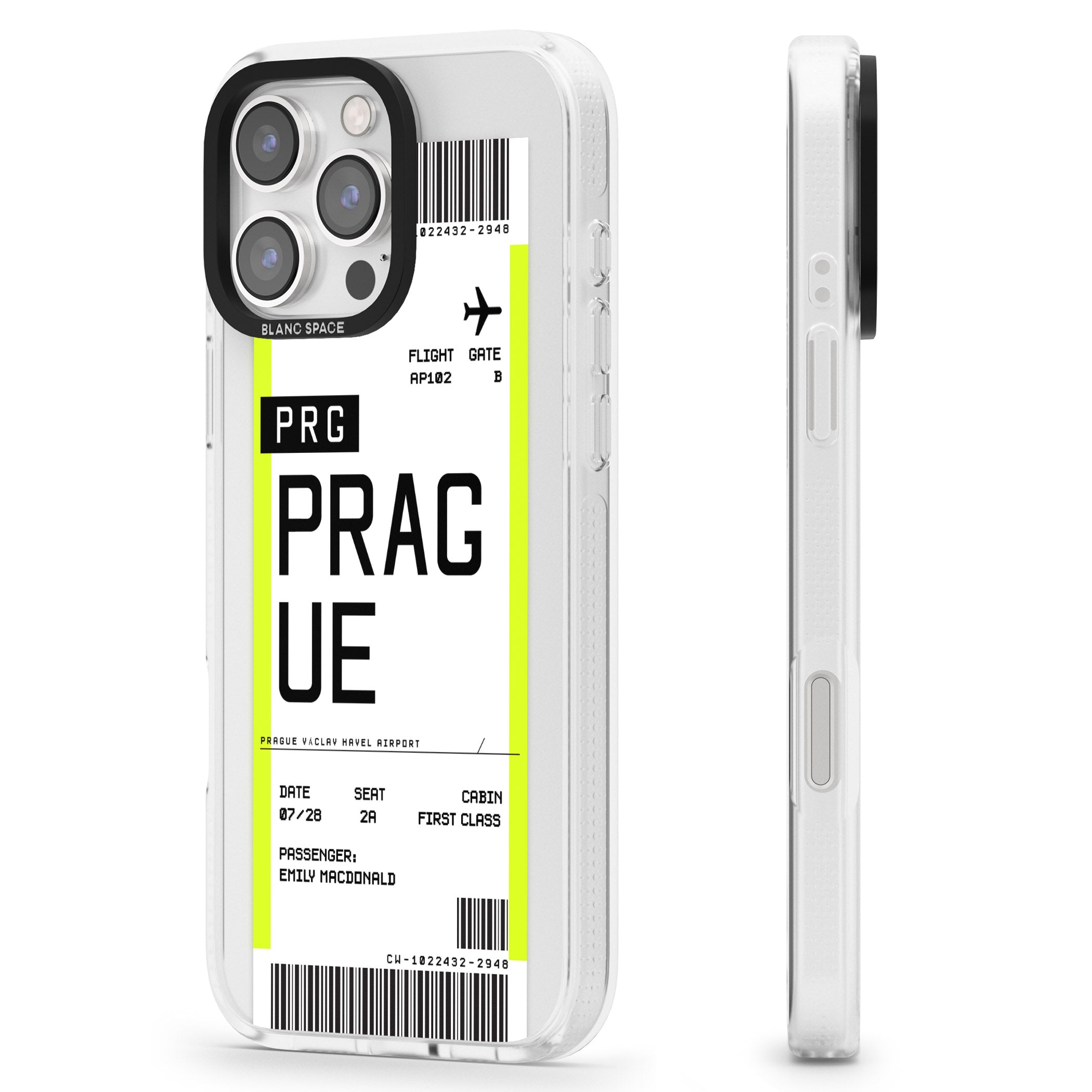 Personalised Prague Boarding Pass iPhone 16 Pro Max / 16 Pro Clear Case Impact Air - Blanc Space