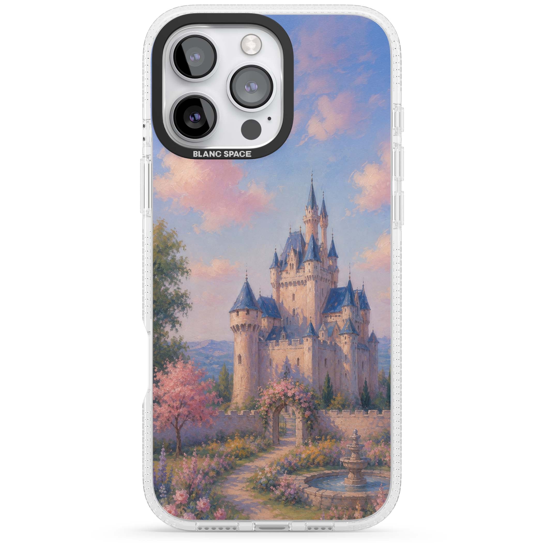 Enchanted Kingdom fairytale iPhone case featuring a romantic castle painting with cherry blossoms and pastel pink sky | Clear Case Impact Air case for iPhone 16 Pro, iPhone 16 Pro Max