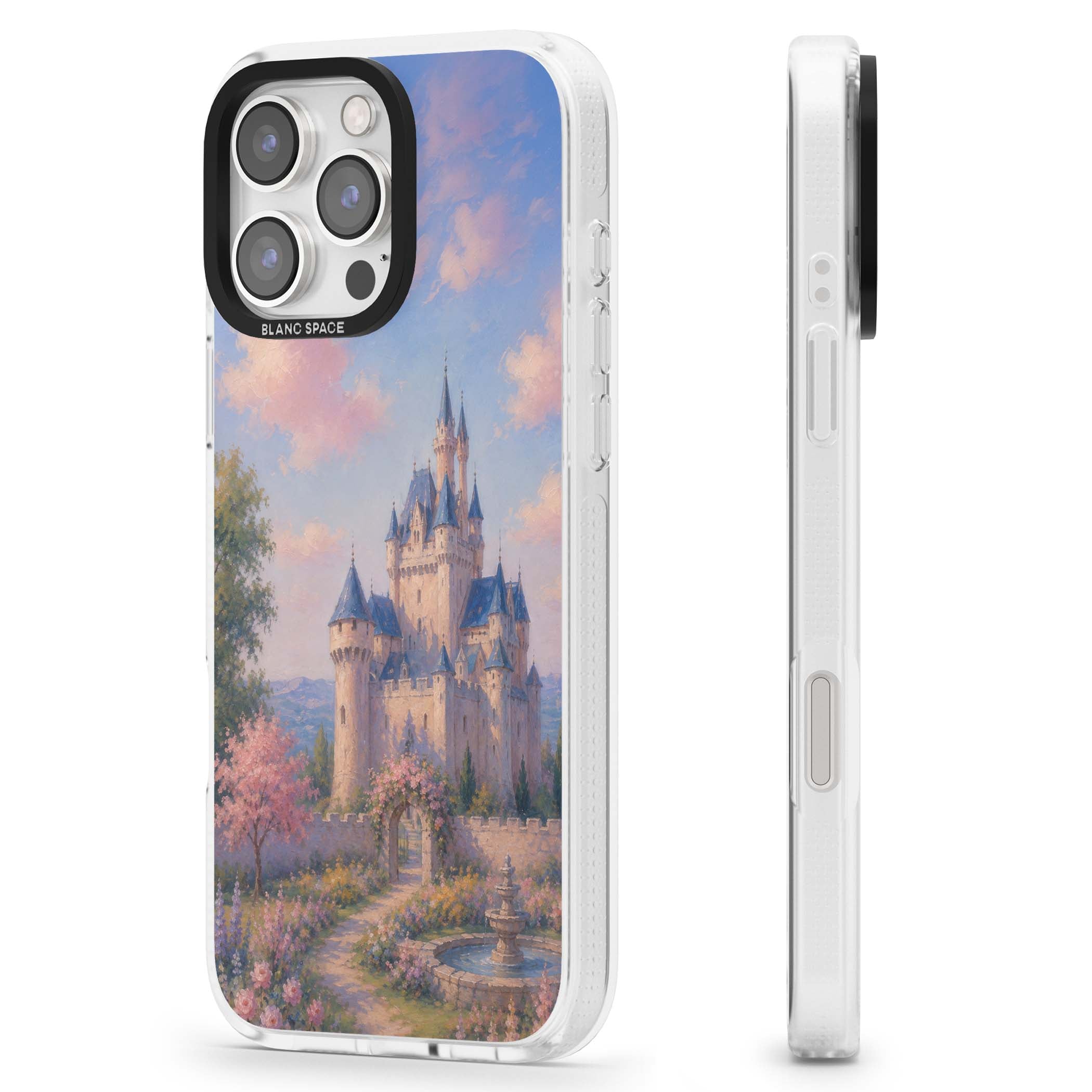 Enchanted Kingdom fairytale iPhone case featuring a romantic castle painting with cherry blossoms and pastel pink sky | Clear Case Impact Air case for iPhone 16 Pro, iPhone 16 Pro Max