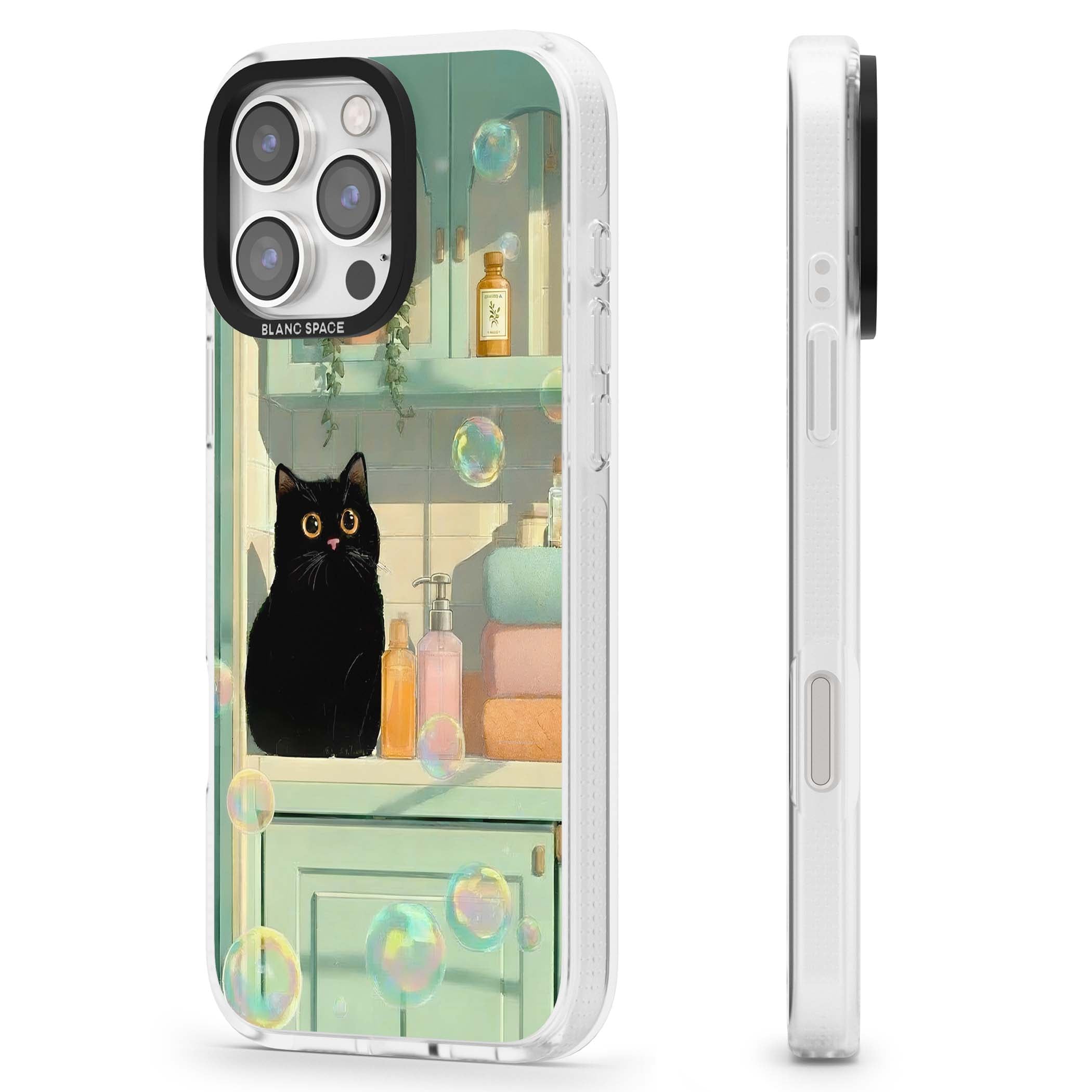 Bathroom Bubble Kitty cottagecore iPhone case featuring a black cat, mint bathroom scene and floating soap bubbles | Clear Case Impact Air case for iPhone 16 Pro, iPhone 16 Pro Max