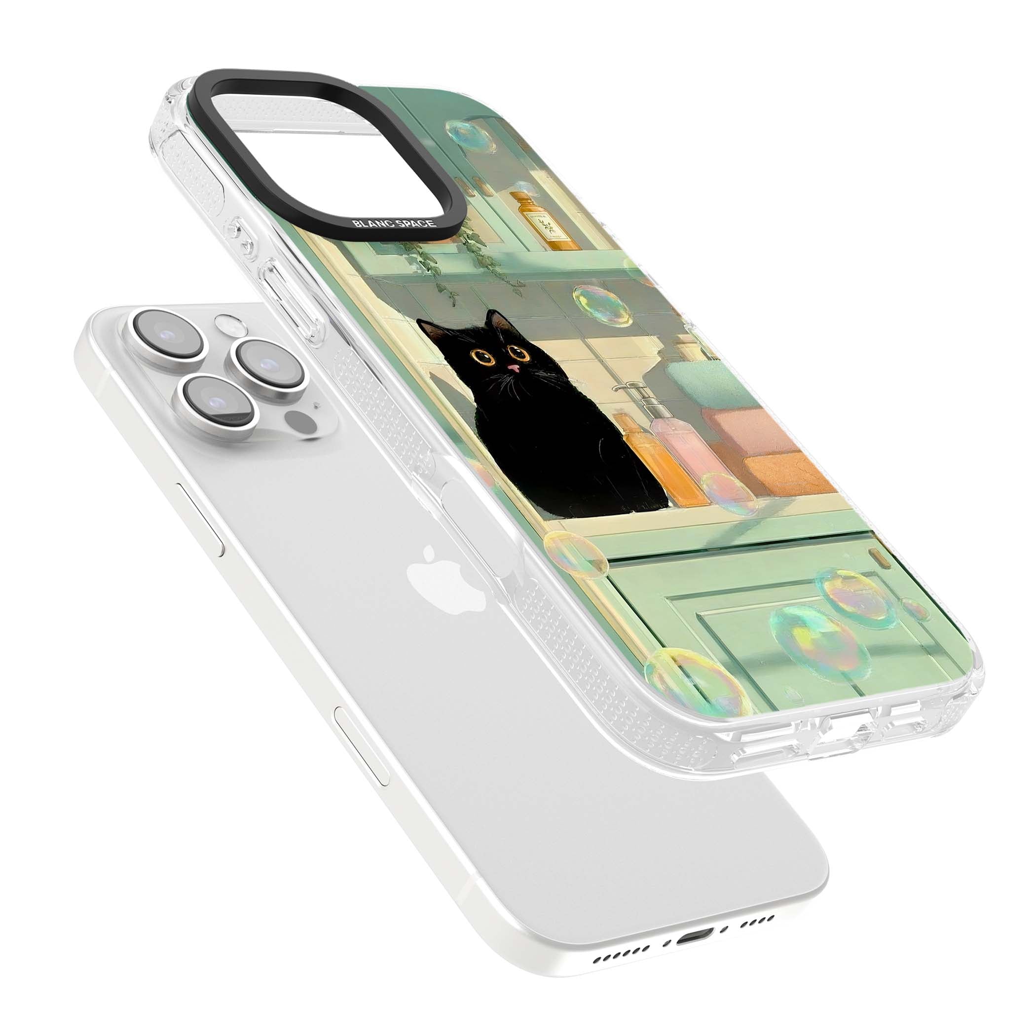 Bathroom Bubble Kitty cottagecore iPhone case featuring a black cat, mint bathroom scene and floating soap bubbles | Clear Case Impact Air case for iPhone 16 Pro, iPhone 16 Pro Max