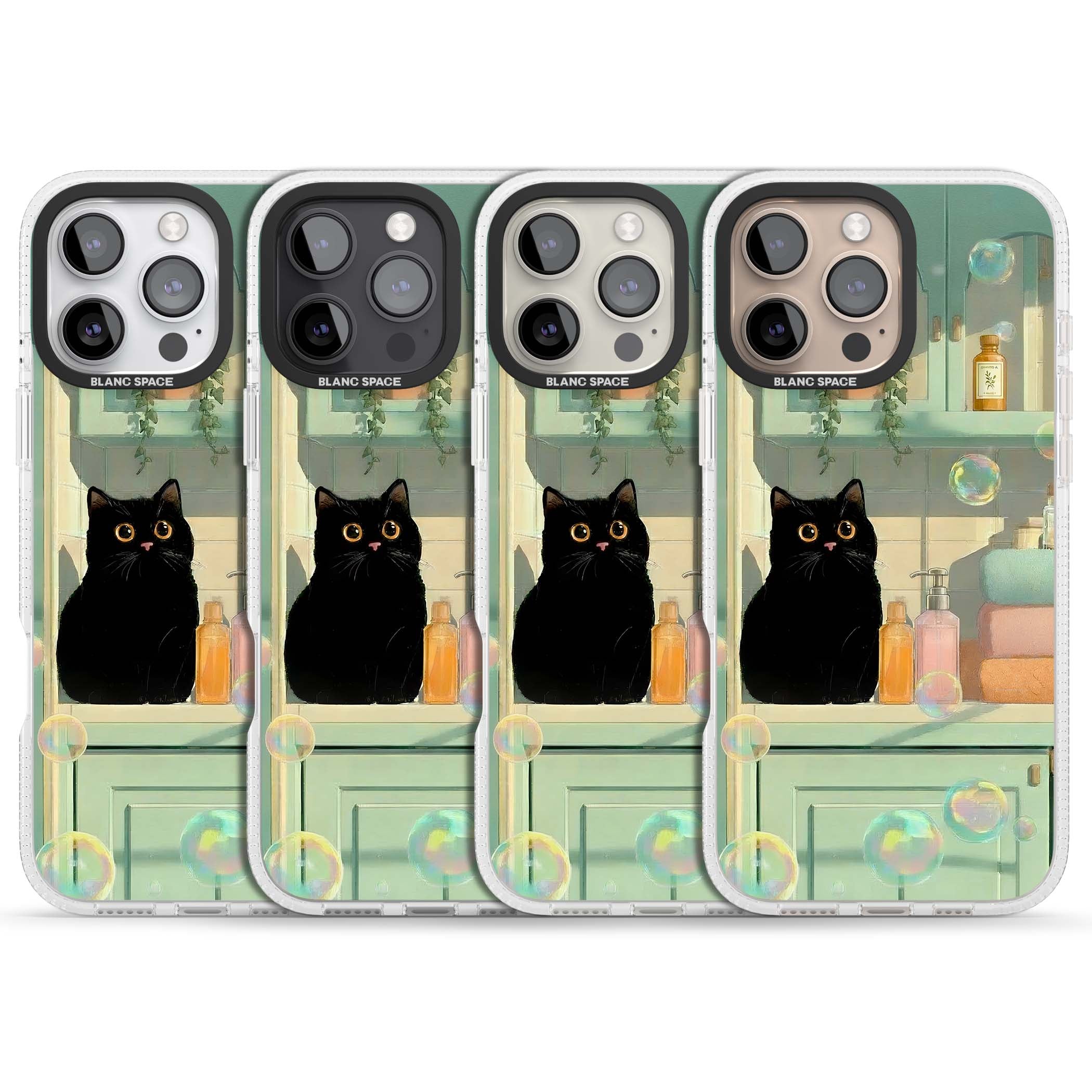 Bathroom Bubble Kitty cottagecore iPhone case featuring a black cat, mint bathroom scene and floating soap bubbles | Clear Case Impact Air case for iPhone 16 Pro, iPhone 16 Pro Max