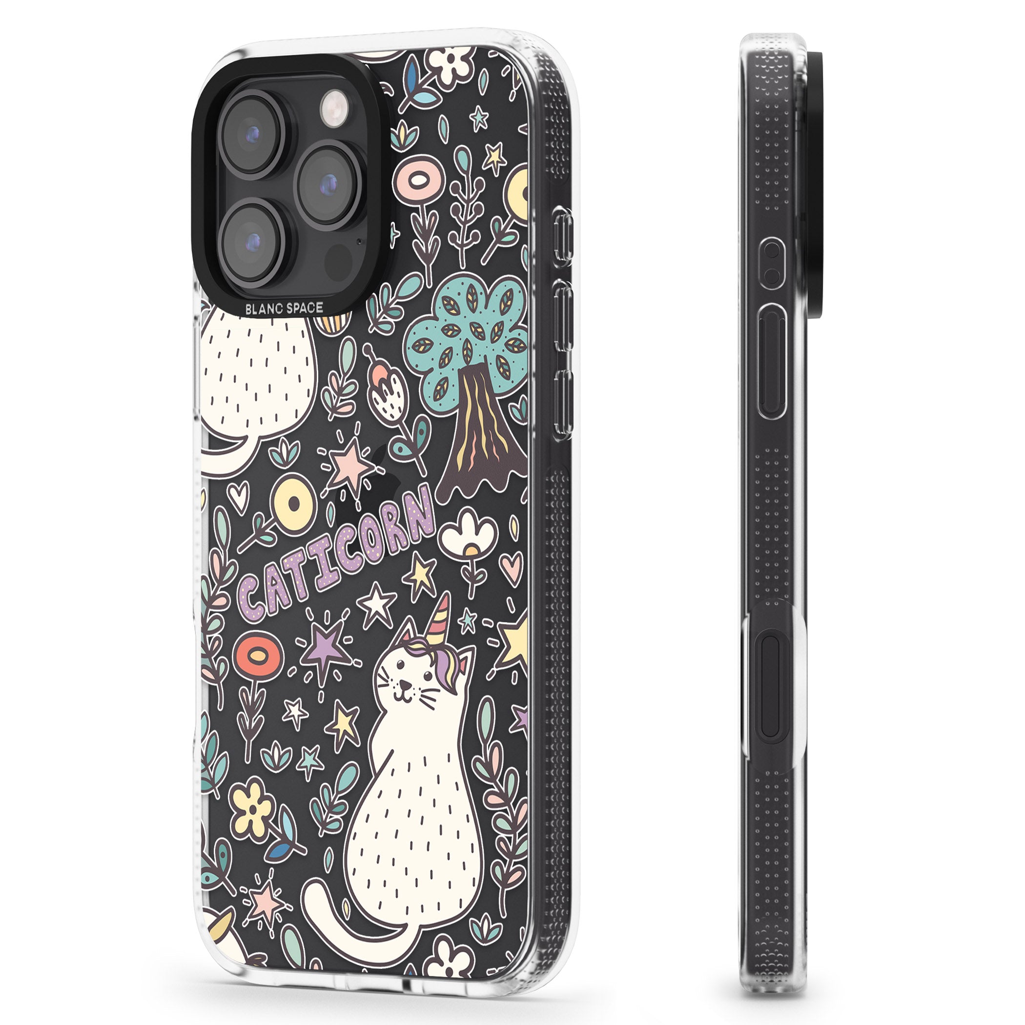 Caticorn pattern iPhone 16 Pro Max / 16 Pro Clear Case Impact Air - Blanc Space