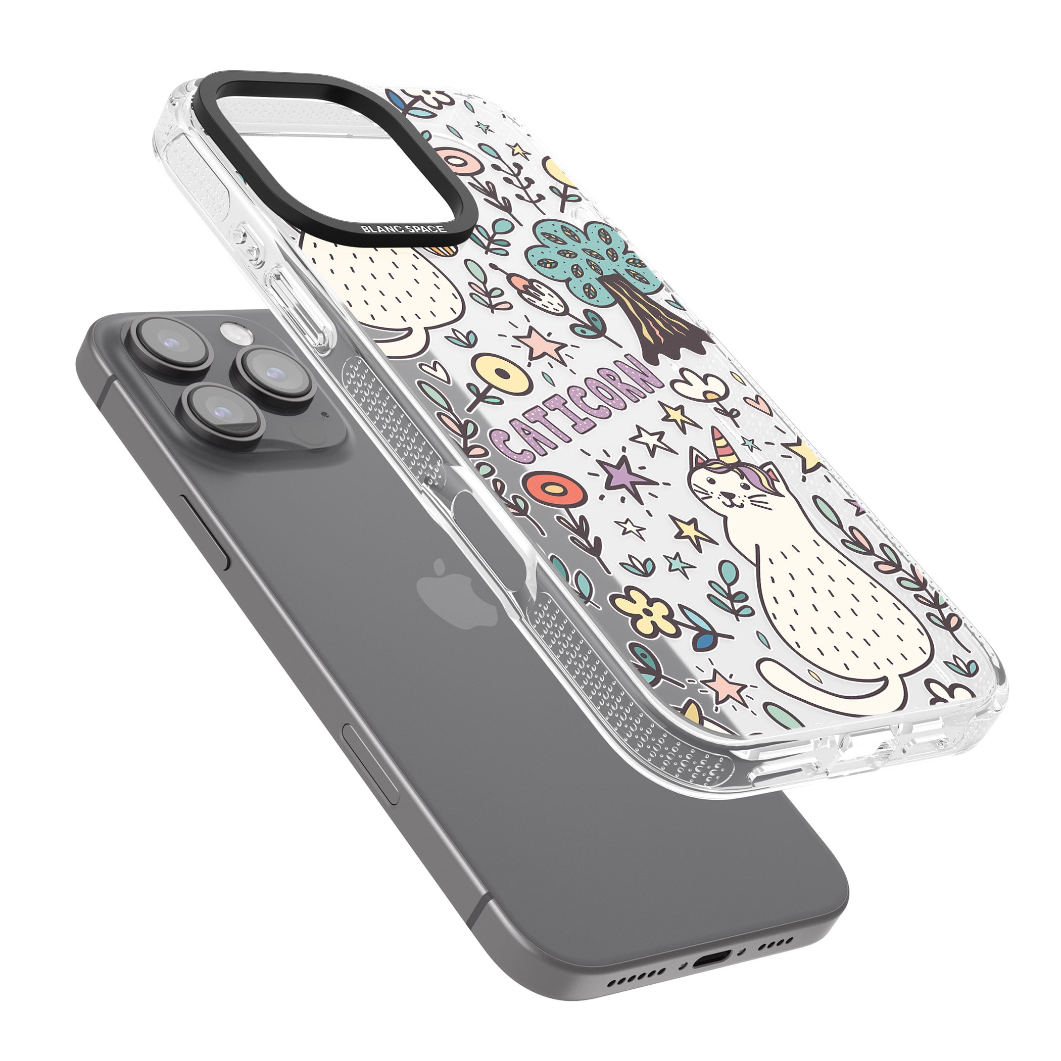 Caticorn pattern iPhone 16 Pro Max / 16 Pro Clear Case Impact Air - Blanc Space