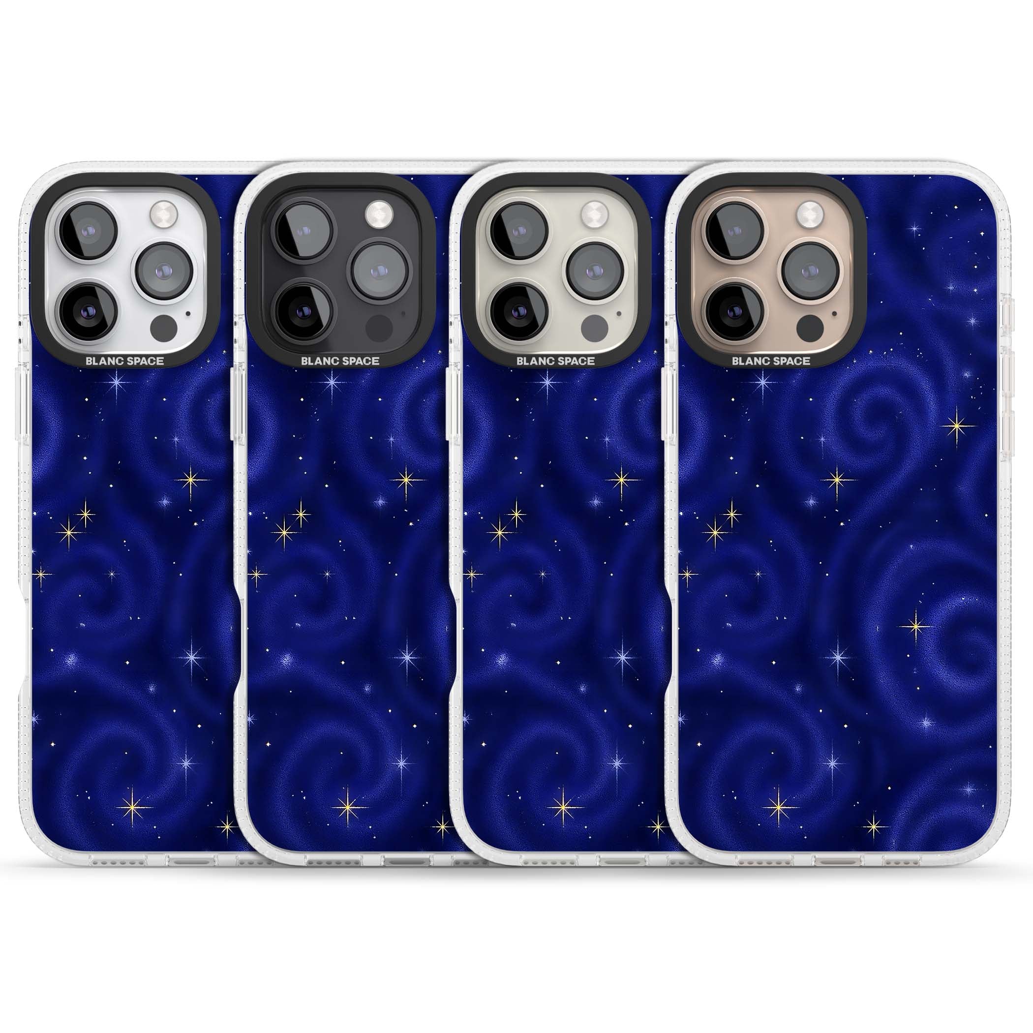 Indigo Cosmos celestial iPhone case featuring swirling navy night sky and sparkling golden stars | Clear Case Impact Air case for iPhone 16 Pro, iPhone 16 Pro Max