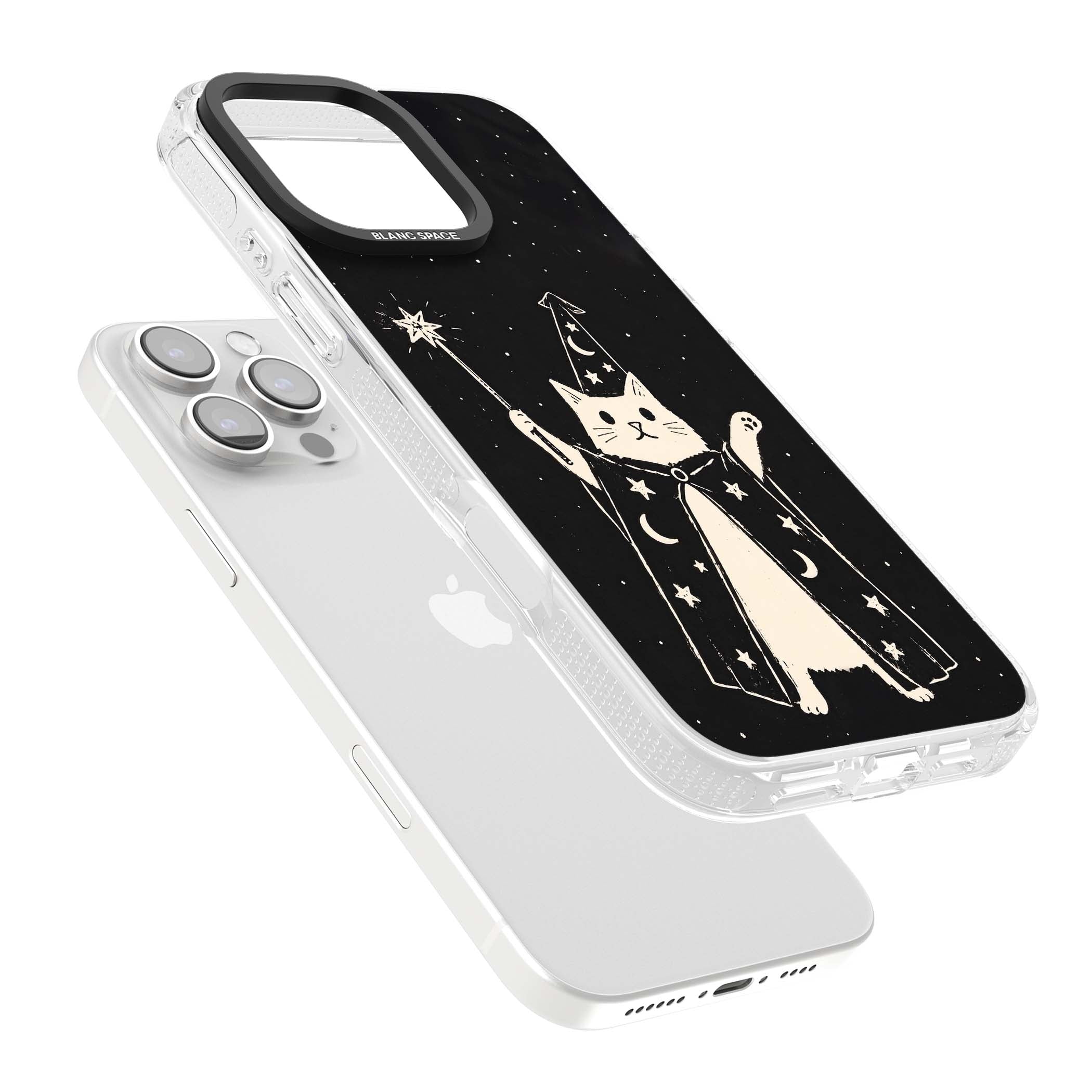 Whisker Wizard celestial cat iPhone case featuring a wizard cat with magic wand, starry night sky and crescent moons | Clear Case Impact Air case for iPhone 16 Pro, iPhone 16 Pro Max