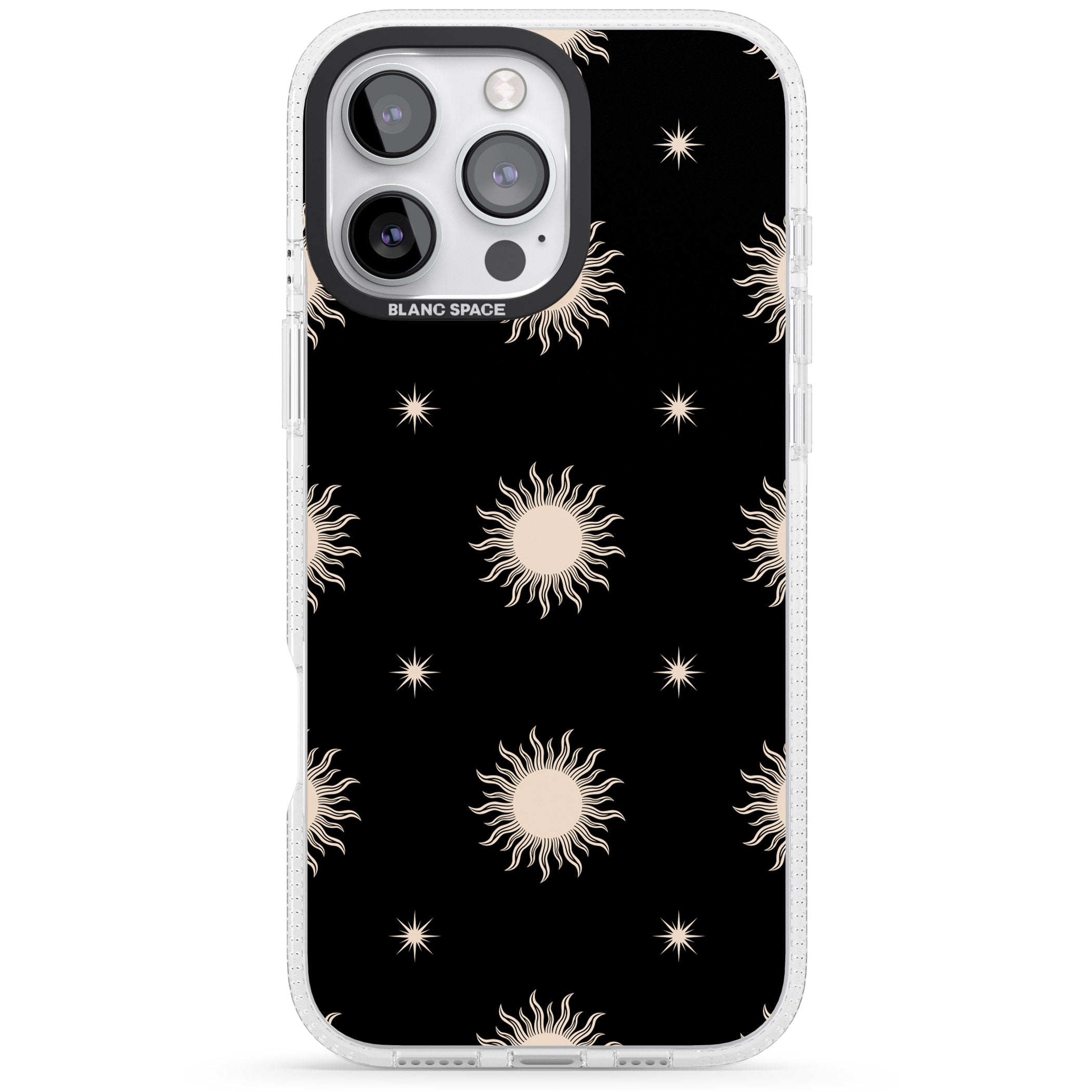 Celestial Patterns Classic Suns (Black) iPhone 16 Pro Max / 16 Pro Clear Case Impact Air - Blanc Space