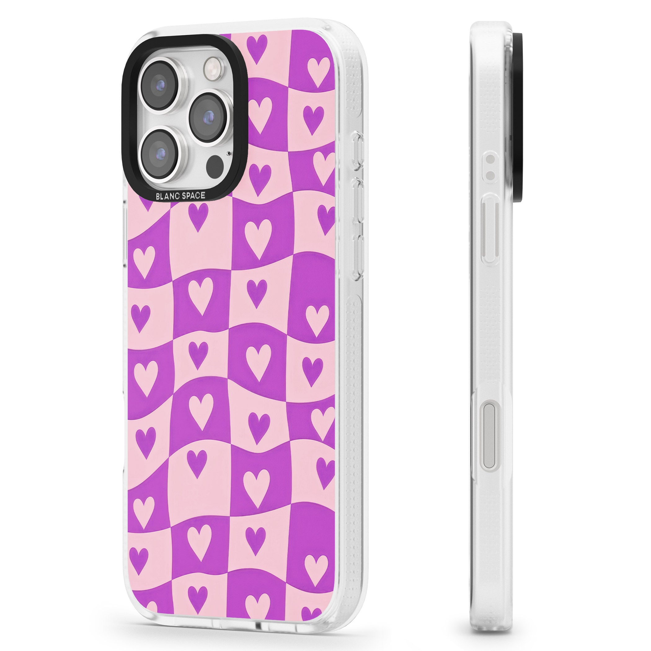 Purple Wavy Checked & Hearts iPhone 16 Pro Max / 16 Pro Clear Case Impact Air - Blanc Space