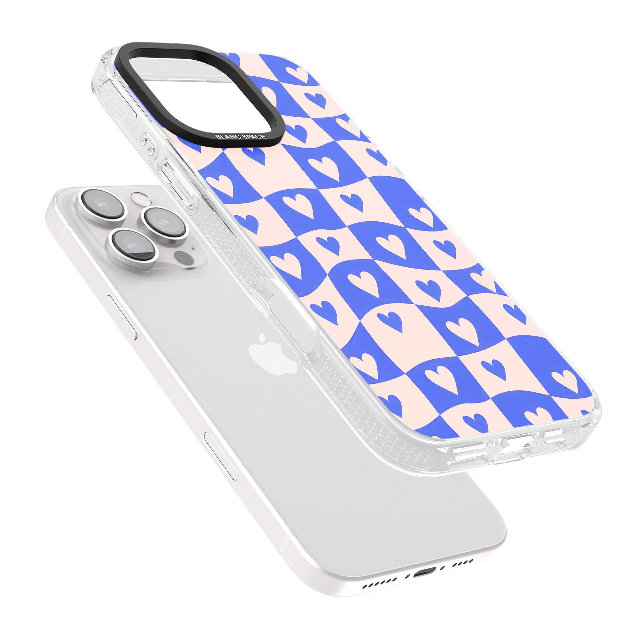 Blue Wavy Checked & Hearts iPhone 16 Pro Max / 16 Pro Clear Case Impact Air - Blanc Space