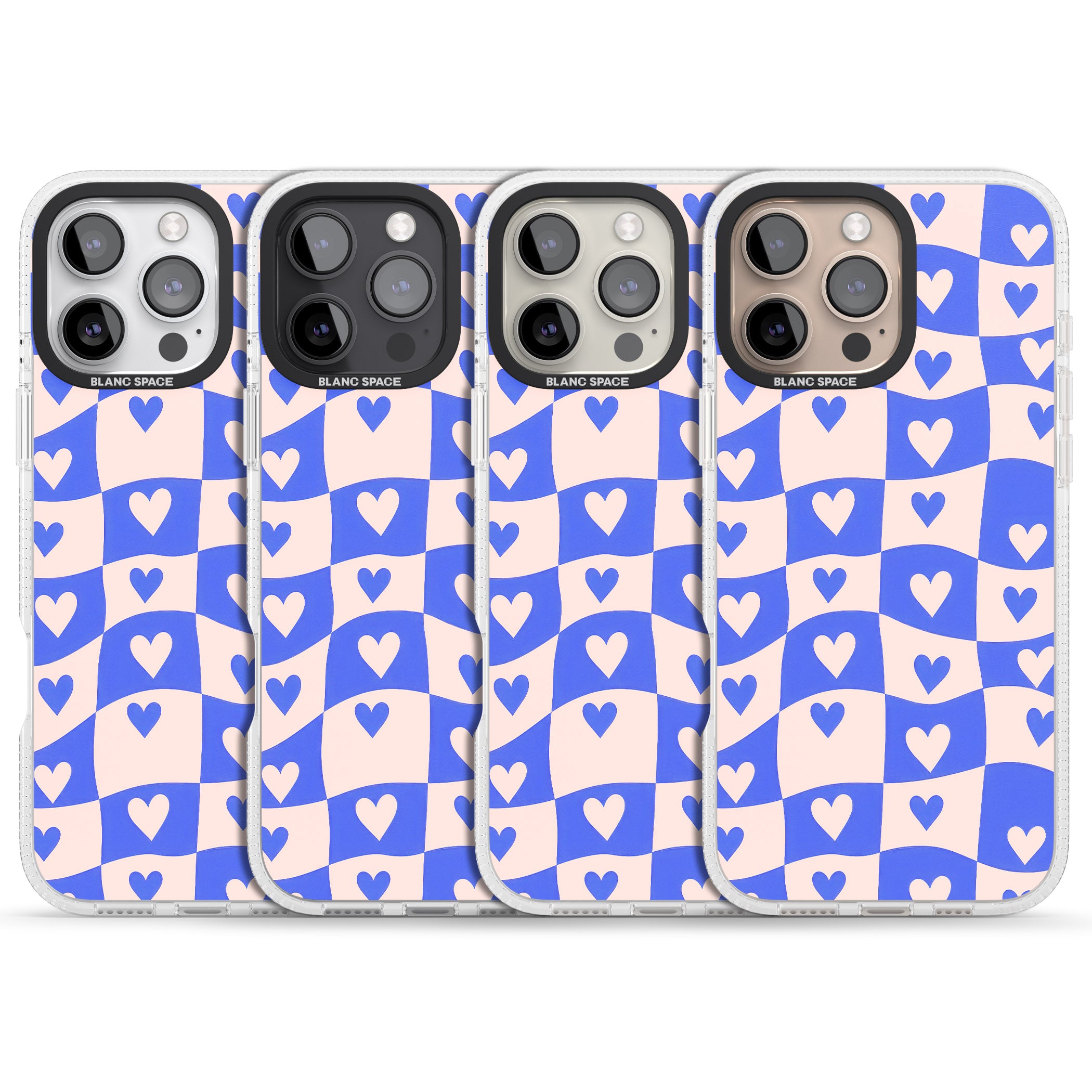 Blue Wavy Checked & Hearts iPhone 16 Pro Max / 16 Pro Clear Case Impact Air - Blanc Space