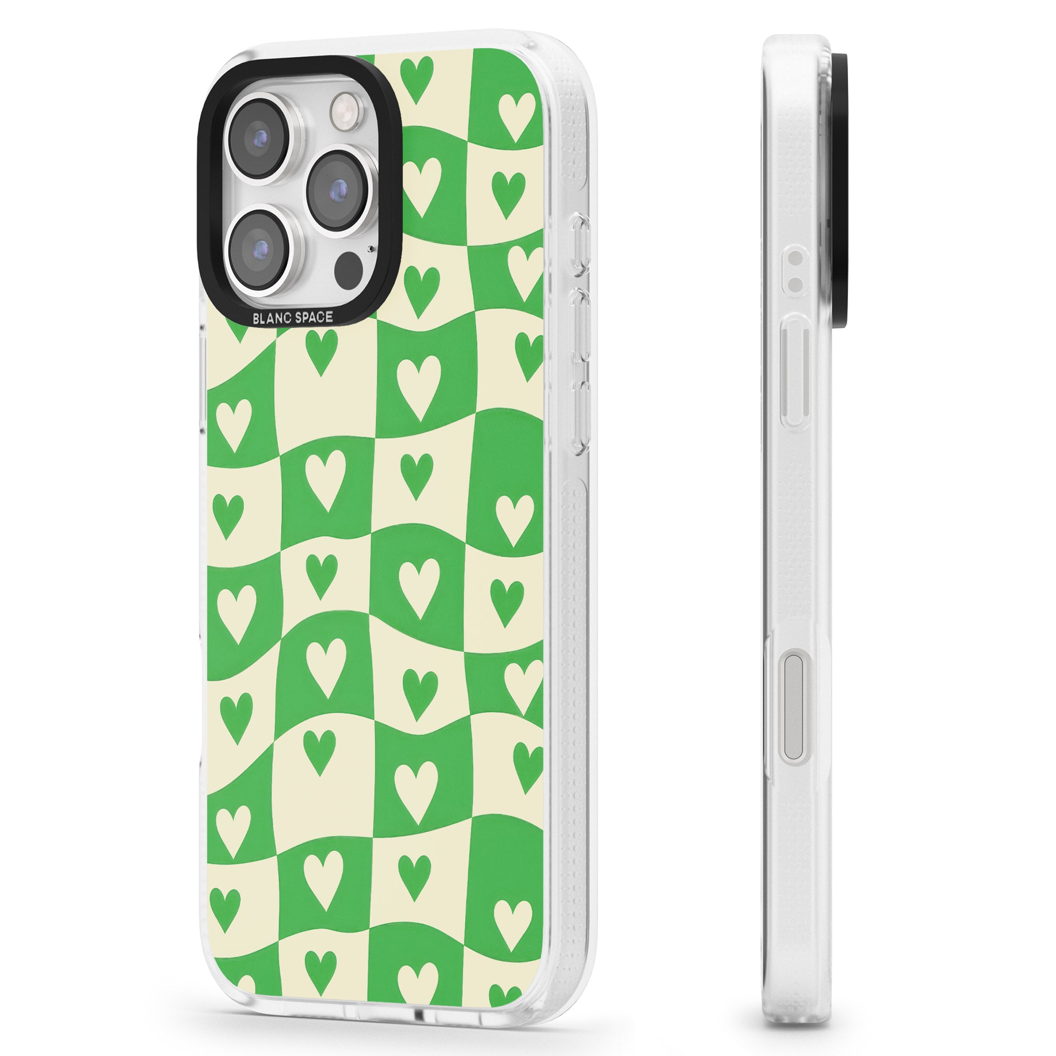 Green Wavy Checked & Hearts iPhone 16 Pro Max / 16 Pro Clear Case Impact Air - Blanc Space