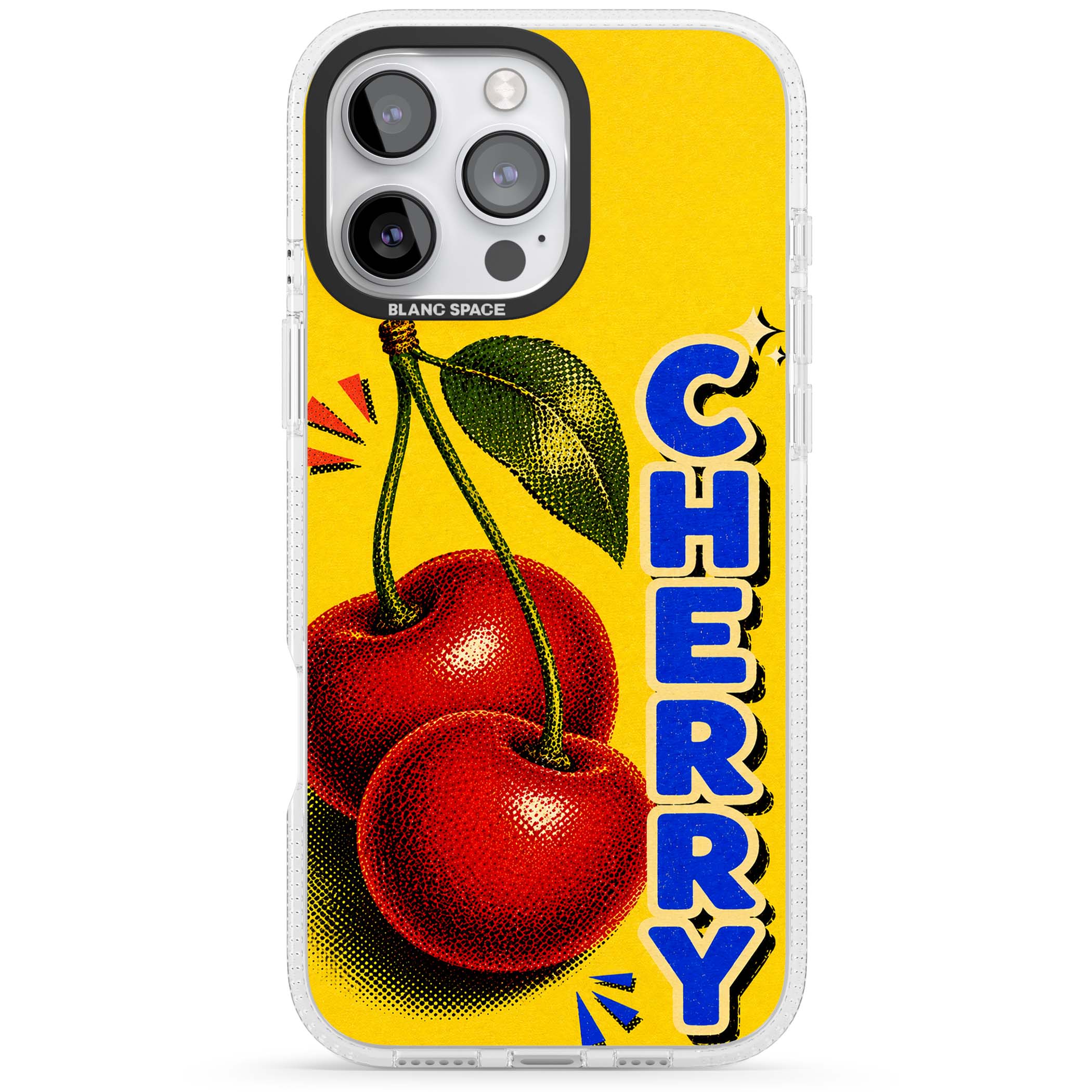 Cherry Yellow y2k iPhone case featuring two red cherries, halftone shading and bold blue CHERRY lettering on yellow | Clear Case Impact Air case for iPhone 16 Pro, iPhone 16 Pro Max