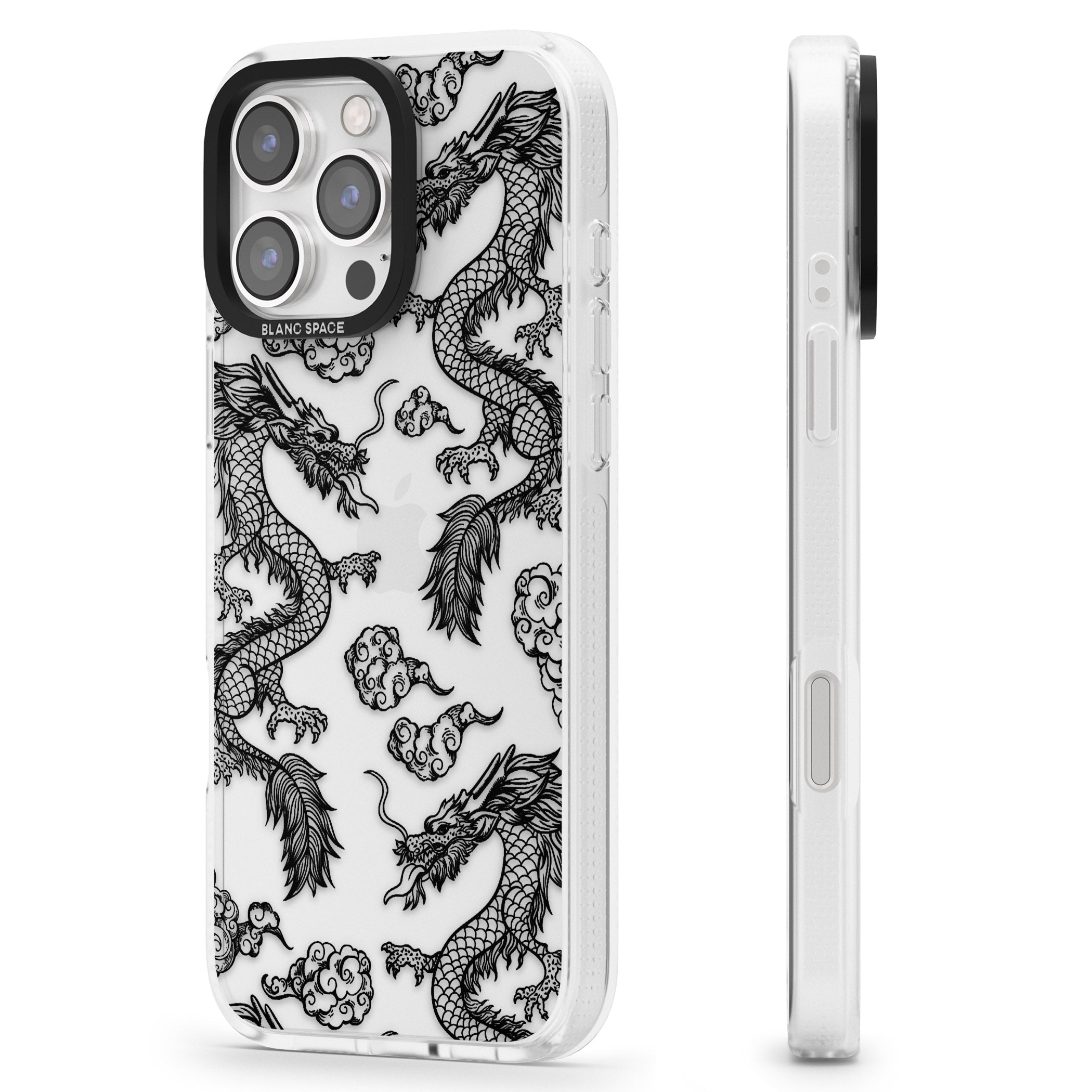Black Dragon Pattern iPhone 16 Pro Max / 16 Pro Clear Case Impact Air - Blanc Space