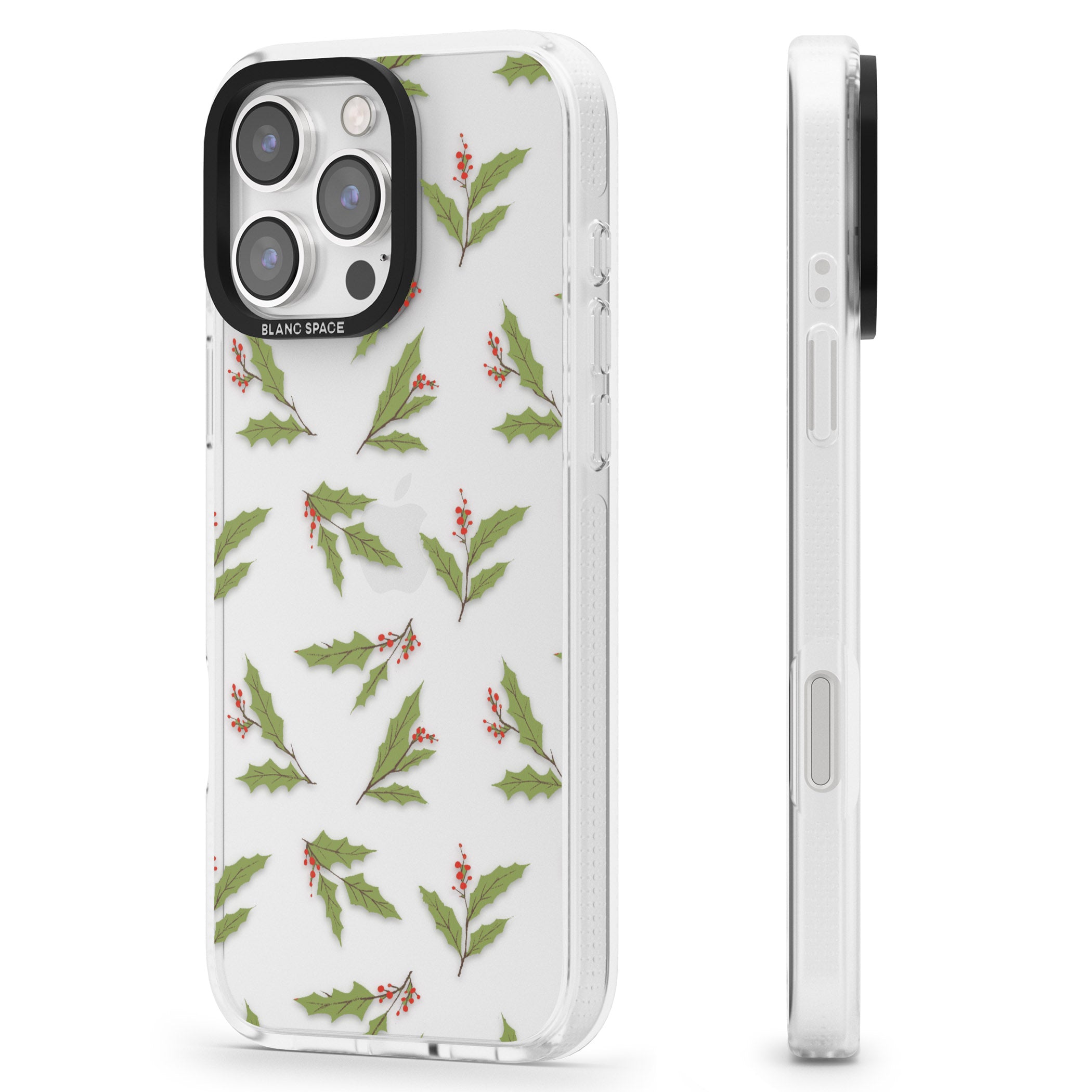 Christmas Holly Pattern iPhone 16 Pro Max / 16 Pro Clear Case Impact Air - Blanc Space