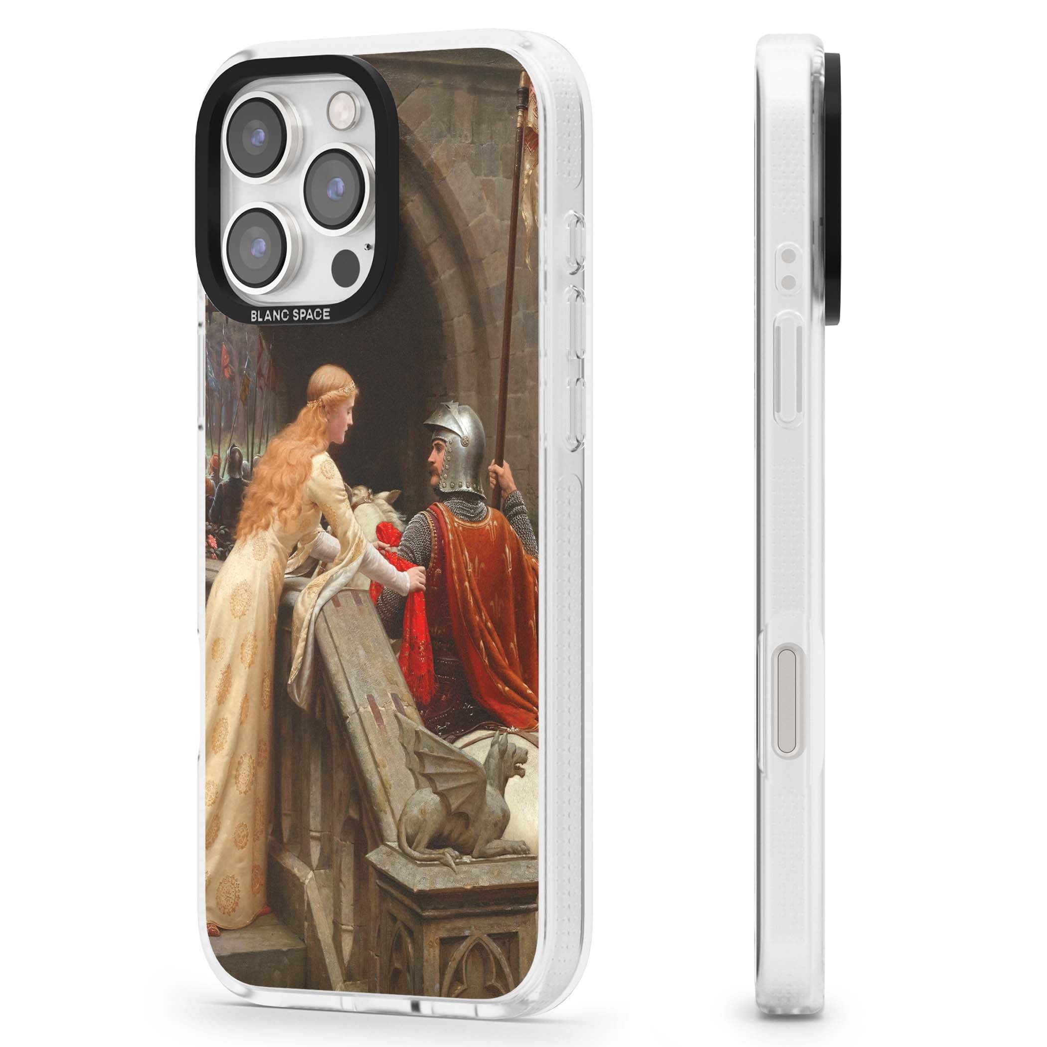God Speed fine art iPhone case featuring Edmund Blair Leighton's medieval knight and lady beneath a stone archway | Clear Case Impact Air case for iPhone 16 Pro, iPhone 16 Pro Max