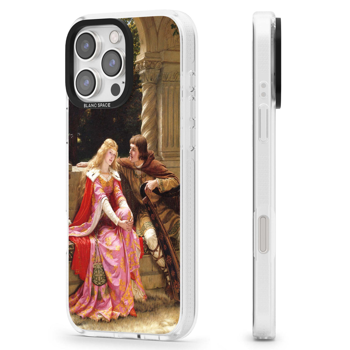 The End of the Song classic art iPhone case featuring a medieval lady in pink gown and her knight in a stone archway | Clear Case Impact Air case for iPhone 16 Pro, iPhone 16 Pro Max