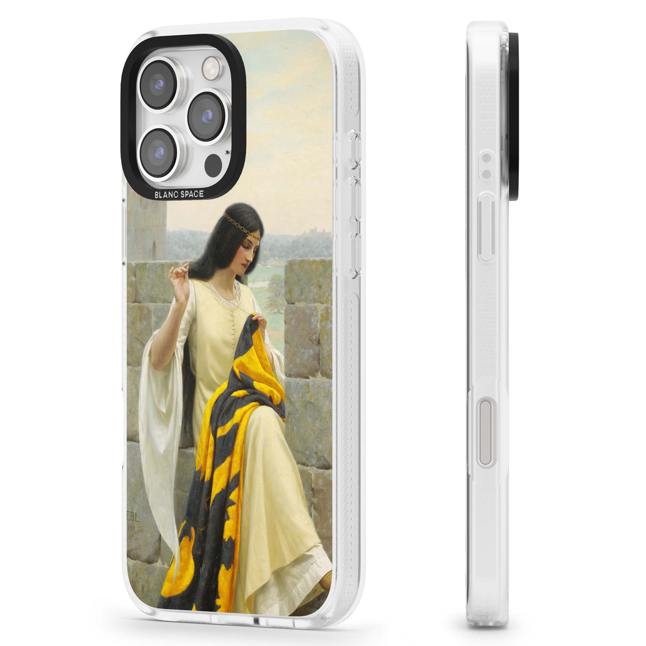 Stitching the Standard renaissance art iPhone case featuring a medieval lady sewing a golden banner on a castle wall | Clear Case Impact Air case for iPhone 16 Pro, iPhone 16 Pro Max