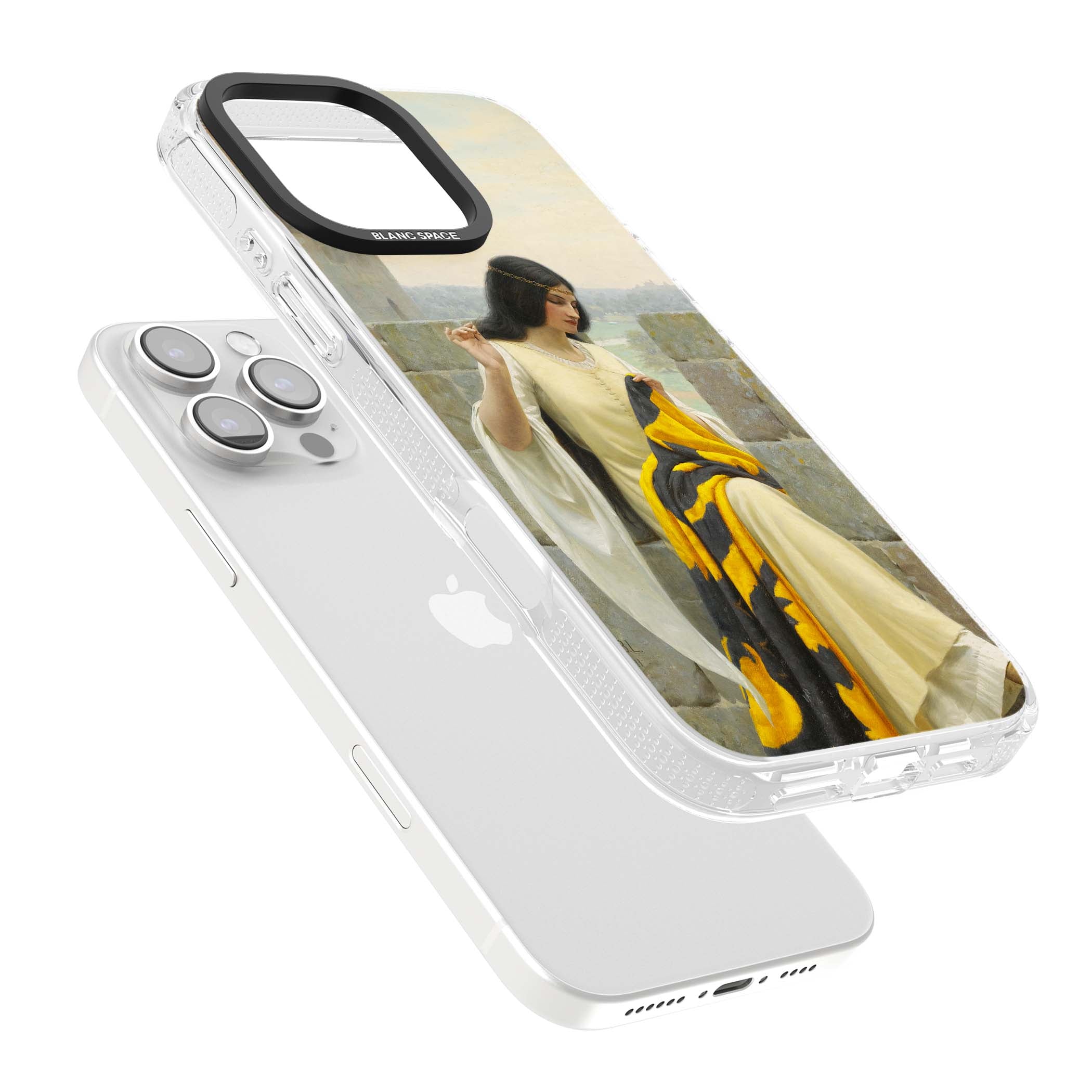 Stitching the Standard renaissance art iPhone case featuring a medieval lady sewing a golden banner on a castle wall | Clear Case Impact Air case for iPhone 16 Pro, iPhone 16 Pro Max