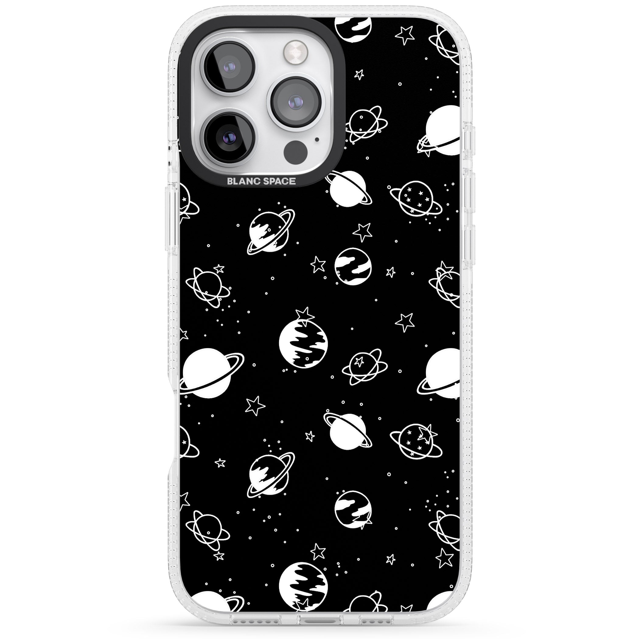 White Planets on Black iPhone 16 Pro Max / 16 Pro Clear Case Impact Air - Blanc Space
