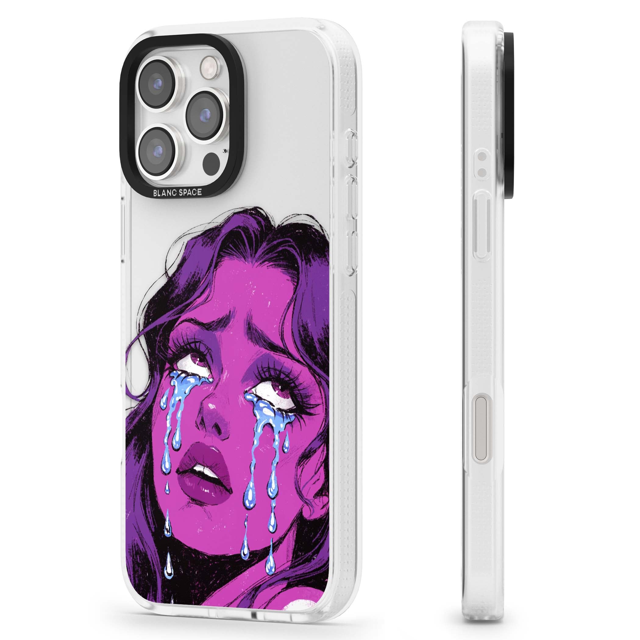 Drama Queen pop art iPhone case featuring a purple crying comic girl with blue tears | Clear Case Impact Air case for iPhone 16 Pro, iPhone 16 Pro Max