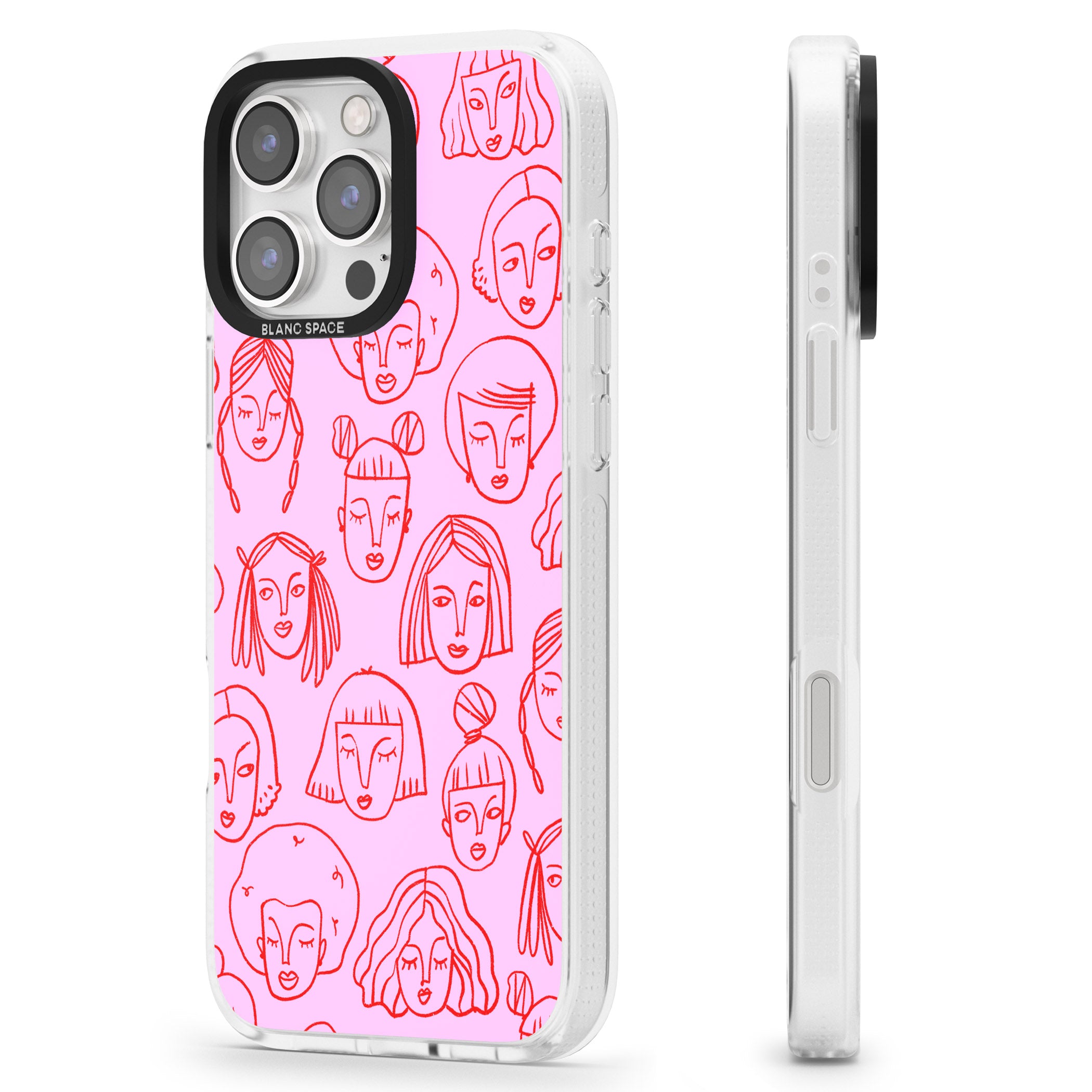 Girl Portrait Doodles in Pink & Red iPhone 16 Pro Max / 16 Pro Clear Case Impact Air - Blanc Space