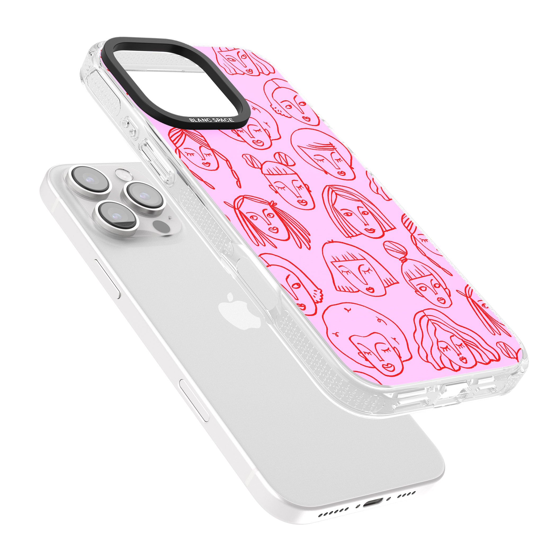 Girl Portrait Doodles in Pink & Red iPhone 16 Pro Max / 16 Pro Clear Case Impact Air - Blanc Space