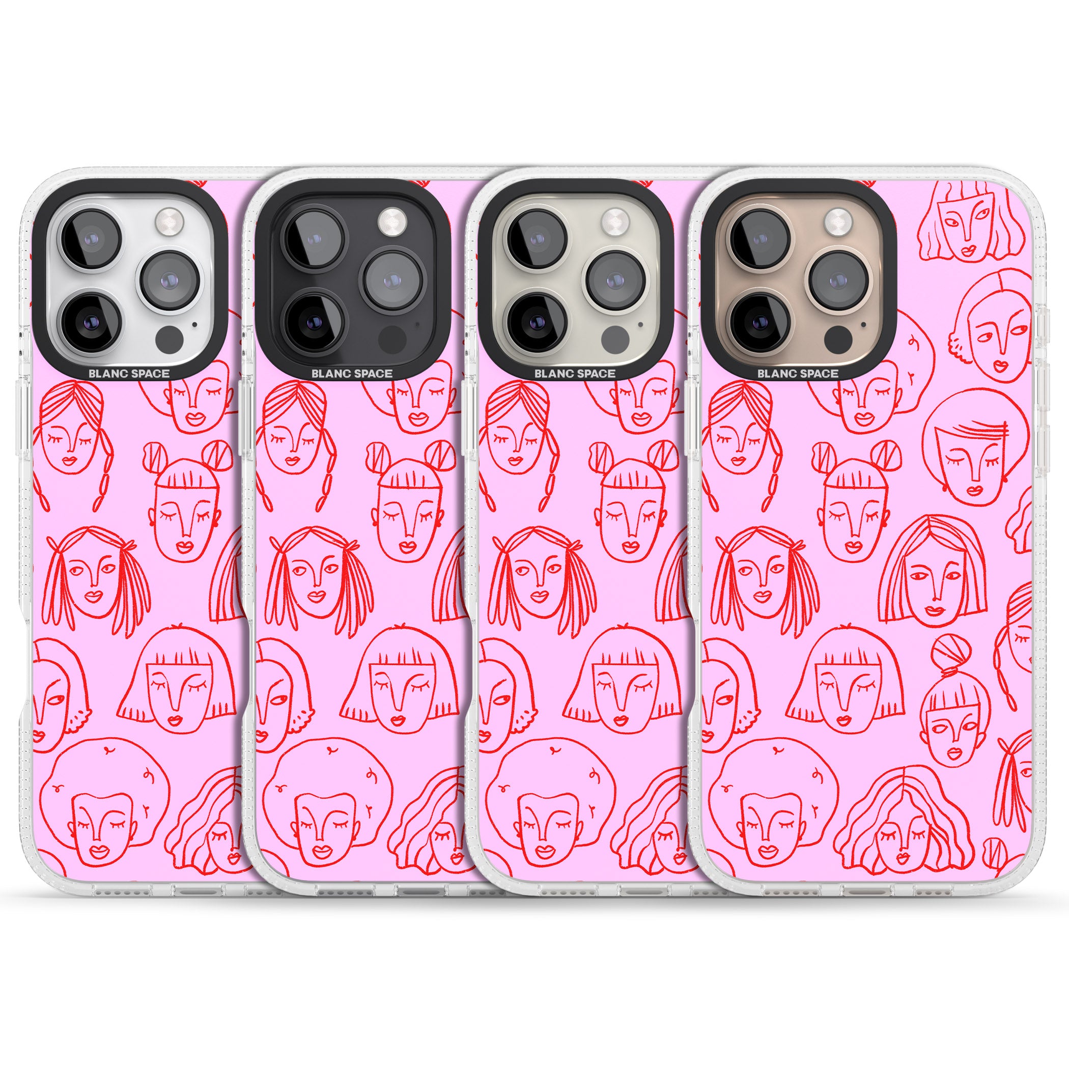 Girl Portrait Doodles in Pink & Red iPhone 16 Pro Max / 16 Pro Clear Case Impact Air - Blanc Space