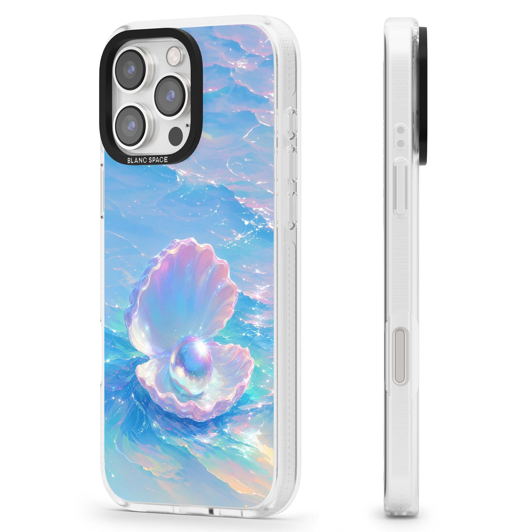 The Pearl Clam mermaidcore iPhone case featuring iridescent seashell, glowing pearl and pastel ocean waves | Clear Case Impact Air case for iPhone 16 Pro, iPhone 16 Pro Max