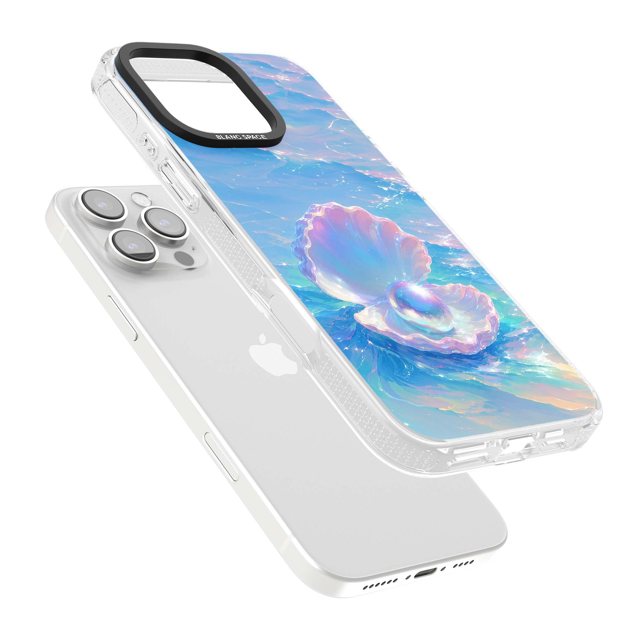 The Pearl Clam mermaidcore iPhone case featuring iridescent seashell, glowing pearl and pastel ocean waves | Clear Case Impact Air case for iPhone 16 Pro, iPhone 16 Pro Max