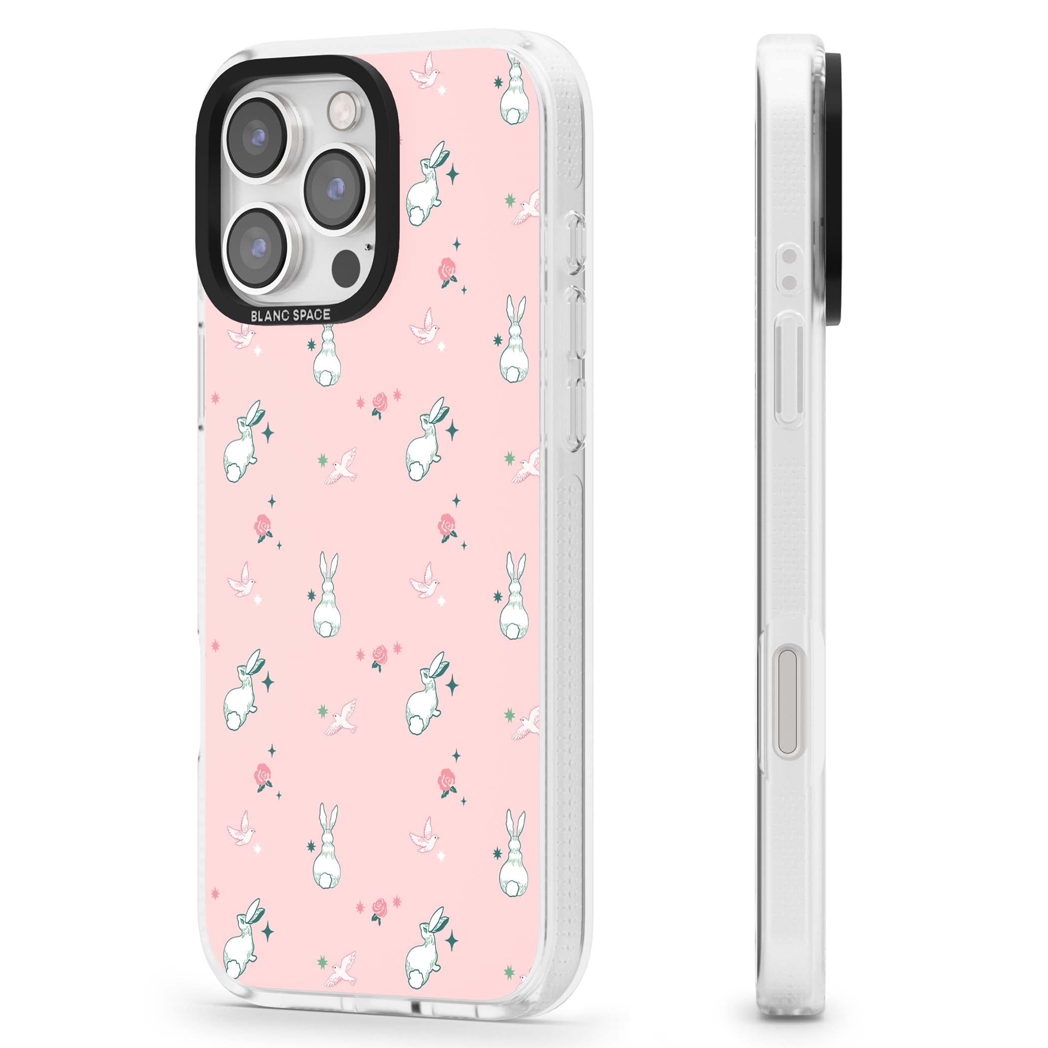 Bunny Garden kawaii iPhone case featuring white rabbits, pink roses, doves and stars on pink background | Clear Case Impact Air case for iPhone 16 Pro, iPhone 16 Pro Max
